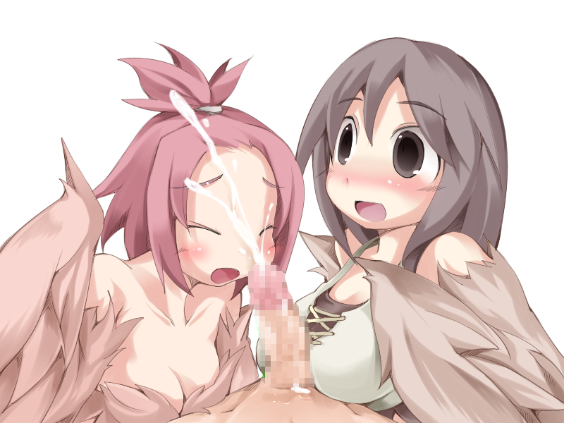 1boy 2girls bangs_pinned_back bare_shoulders blush bmp-to-png_conversion breasts brown_eyes brown_feathers brown_hair brown_wings censored cleavage closed_eyes cum ejaculation facial feathered_wings feathers harpy long_hair looking_at_penis medium_breasts mon-musu_quest! monster_girl mosaic_censoring multiple_girls non-web_source open_mouth penis pii_(mon-musu_quest!) pina_(mon-musu_quest!) pov red_hair siblings sisters small_breasts transparent_background winged_arms wings