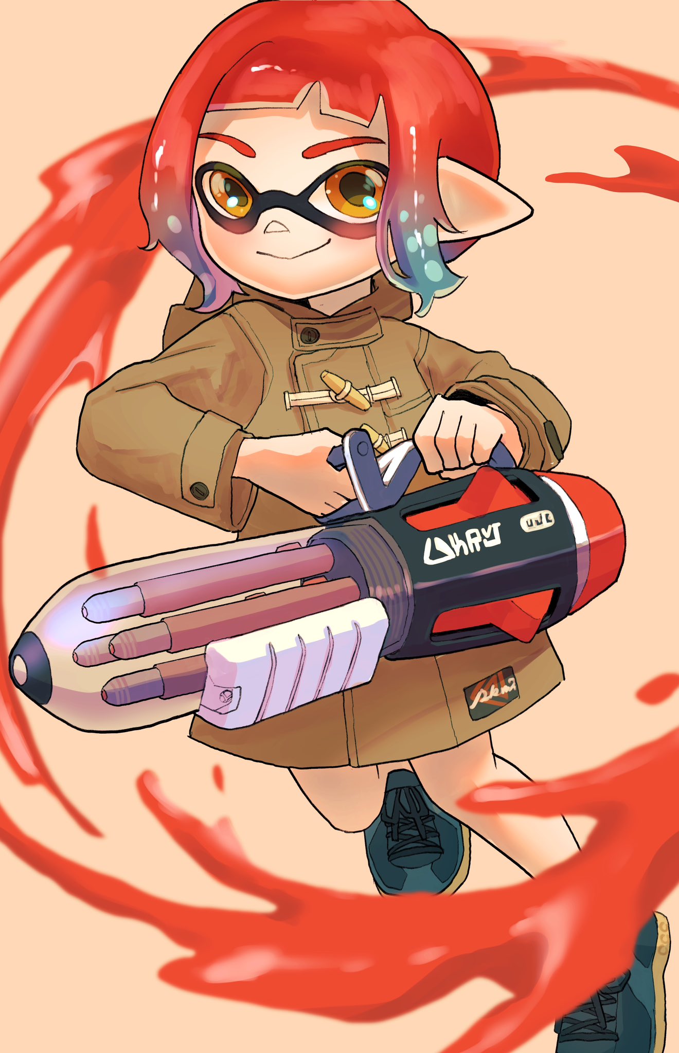 1boy ballpoint_splatling_(splatoon) black_footwear blue_hair brown_jacket buttons closed_mouth commentary_request cross-laced_footwear full_body gradient_hair gun highres holding holding_gun holding_weapon inkling inkling_boy inkling_player_character jacket looking_at_viewer male_focus medium_hair multicolored_hair nastar_r0 orange_eyes paint pink_hair pointy_ears red_hair shoes simple_background smile solo splatoon_(series) splatoon_3 tentacle_hair weapon