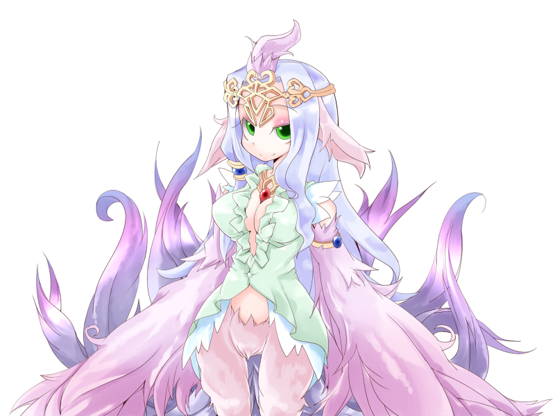 1girl animal_ears armlet bird_ears bird_legs bird_tail bmp-to-png_conversion breasts cleavage crown dress eyeshadow feathered_wings feathers green_dress green_eyes half-closed_eyes harpy large_breasts long_hair looking_at_viewer lucretia_(mon-musu_quest!) makeup mon-musu_quest! monster_girl non-web_source pink_eyeshadow pink_feathers pink_wings purple_feathers purple_hair single_hair_tube smile solo tail tail_raised transparent_background very_long_hair winged_arms wings