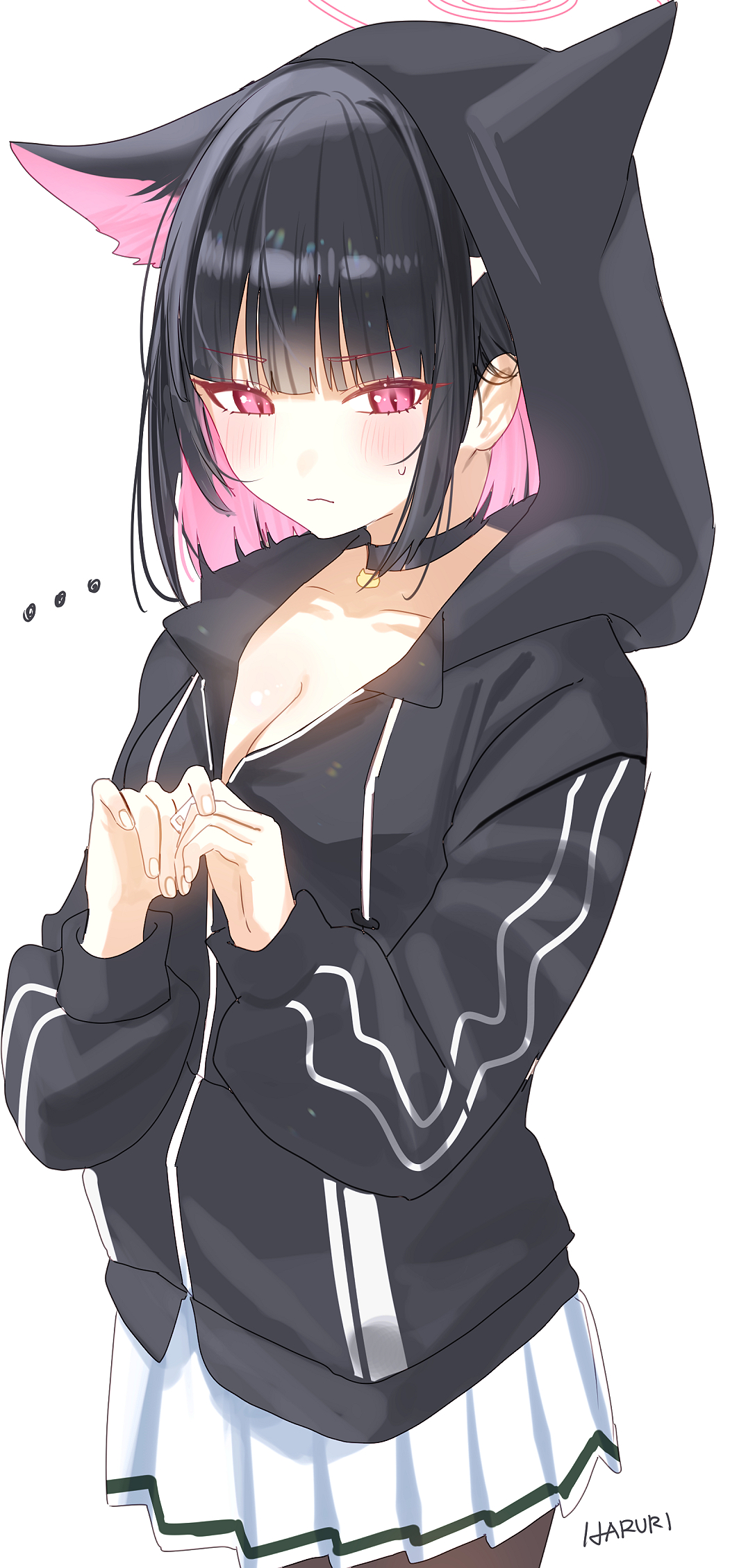 ... 1girl animal_ears artist_name black_choker black_hair black_jacket black_pantyhose blue_archive blush breasts cat_ears choker cleavage closed_mouth collarbone colored_inner_hair cowboy_shot extra_ears haruri highres hood hood_up hooded_jacket jacket kazusa_(blue_archive) large_breasts long_sleeves multicolored_hair pantyhose pink_hair pleated_skirt red_eyes short_hair signature simple_background skirt solo white_background white_skirt