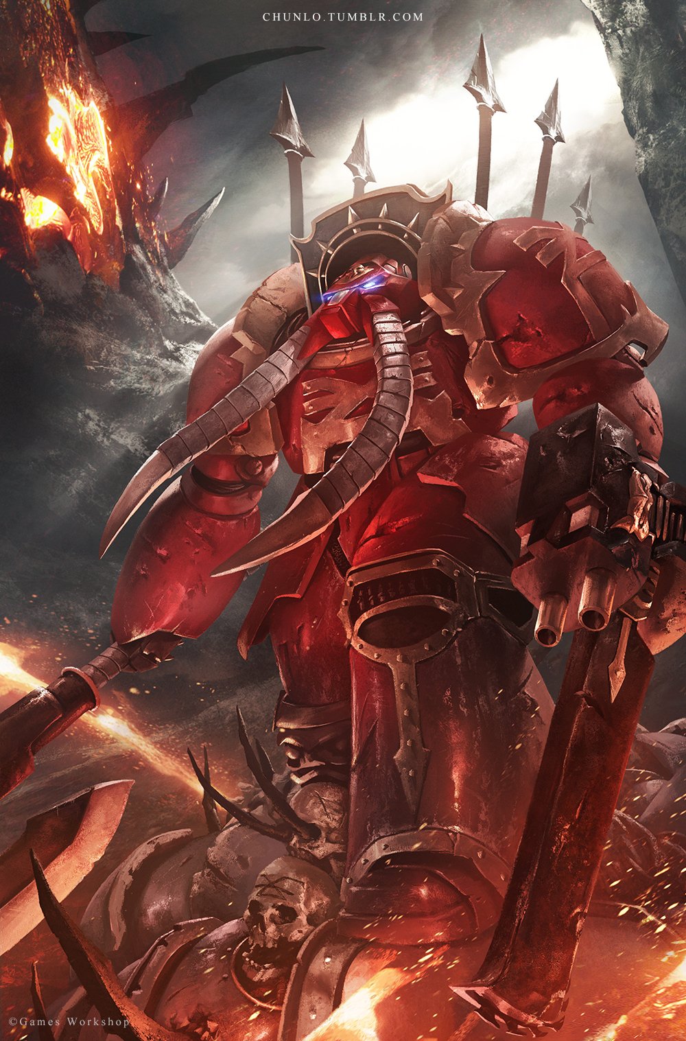 1boy adeptus_astartes armor ashes axe bayonet blue_eyes bullet chainsaw chaos_space_marine chun_lo cloud cloudy_sky death fire full_armor glowing glowing_eyes gun helmet highres holding holding_axe holding_gun holding_weapon male_focus power_armor red_armor shoulder_armor sign_of_khorne skull sky smoke solo spikes tumblr_username tusks warhammer_40k weapon