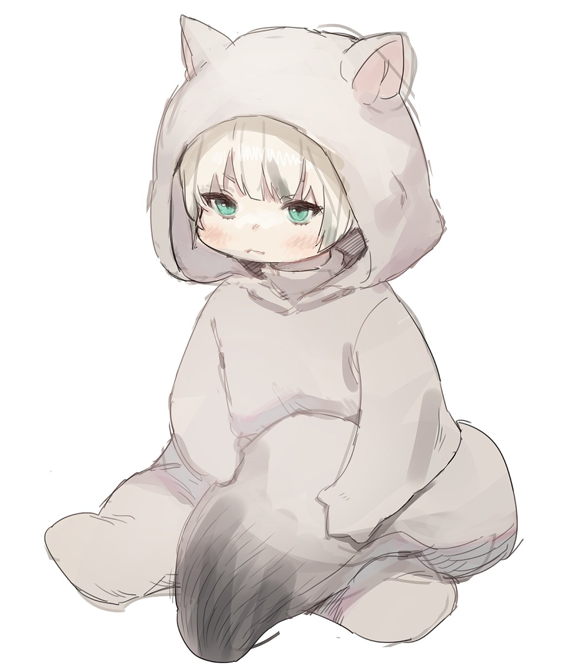 1boy animal_costume animal_ears animal_hood blonde_hair blue_eyes blush closed_mouth fake_animal_ears final_fantasy final_fantasy_xiv full_body gg_dal highres hood hood_up lalafell looking_at_viewer male_focus simple_background sitting solo white_background