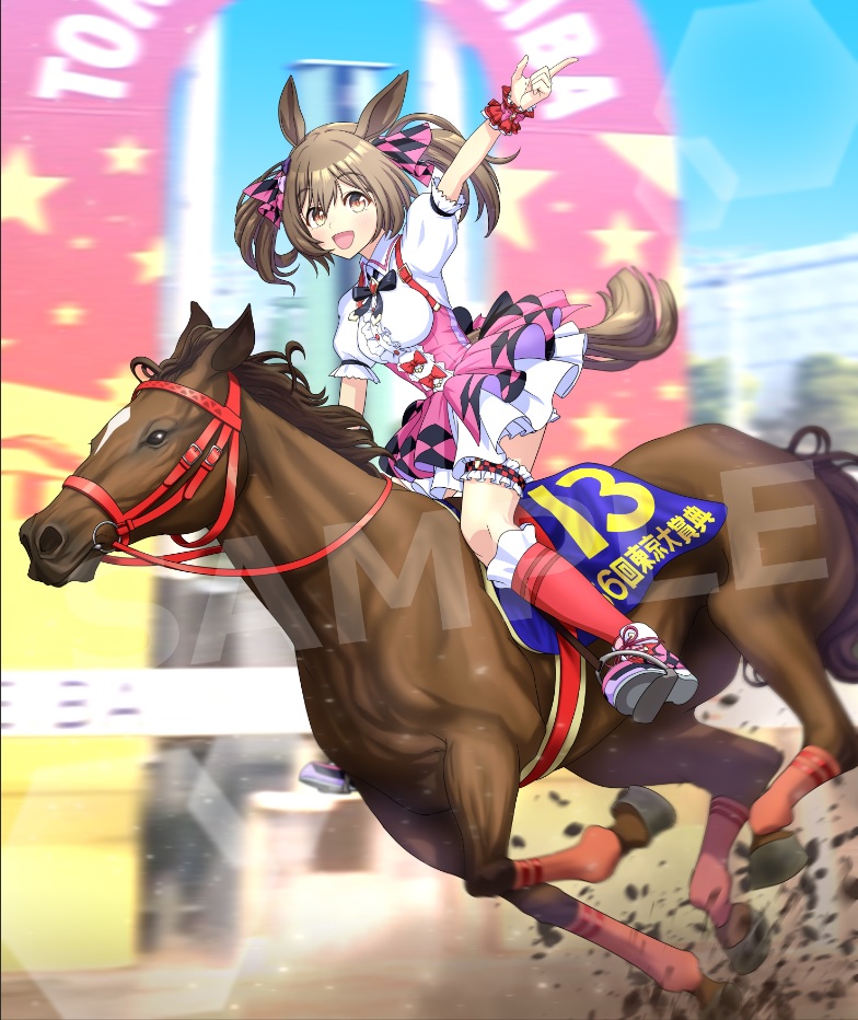 1girl animal animal_ears arm_up blurry blurry_background breasts bridle brown_hair center_frills cheesecake_(artist) commentary_request creature_and_personification dress ear_ornament frills hair_between_eyes holding holding_reins horse horse_ears horse_girl horse_tail horseback_riding medium_hair open_mouth pink_dress pink_socks puffy_short_sleeves puffy_sleeves racetrack reins riding shoes short_sleeves small_breasts smart_falcon_(racehorse) smart_falcon_(umamusume) smile sneakers socks solo tail thigh_strap tokyo_racecourse twintails umamusume yellow_eyes