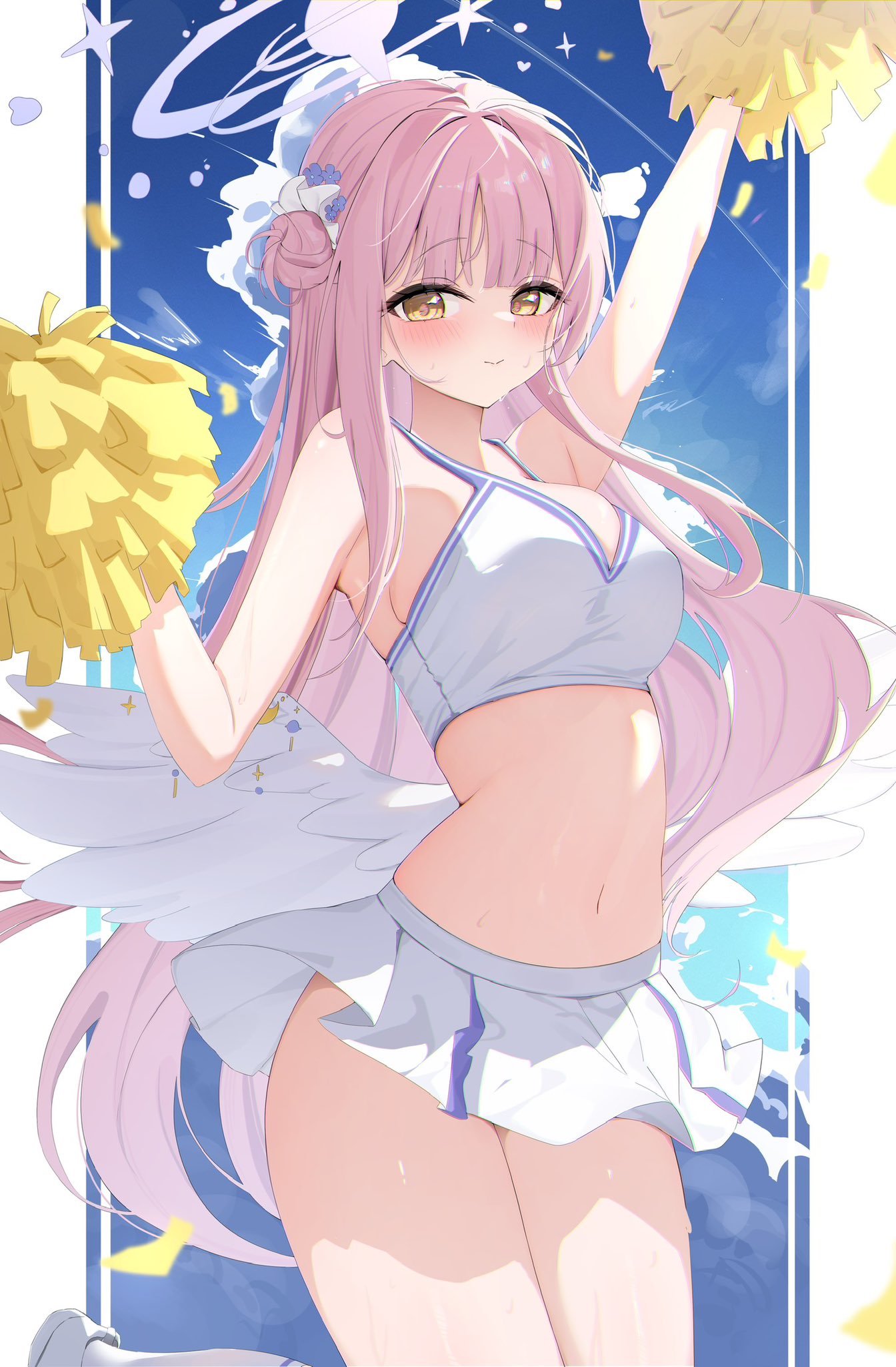 1girl angel_wings arm_up blue_archive blush breasts cheering cheerleader closed_mouth feathered_wings flower gradient_background hair_bun hair_flower hair_ornament halo highres holding holding_pom_poms large_breasts long_hair looking_at_viewer mika_(blue_archive) nenight pink_hair pink_halo pleated_skirt pom_pom_(cheerleading) purple_flower single_side_bun skirt solo white_skirt white_wings wings yellow_eyes