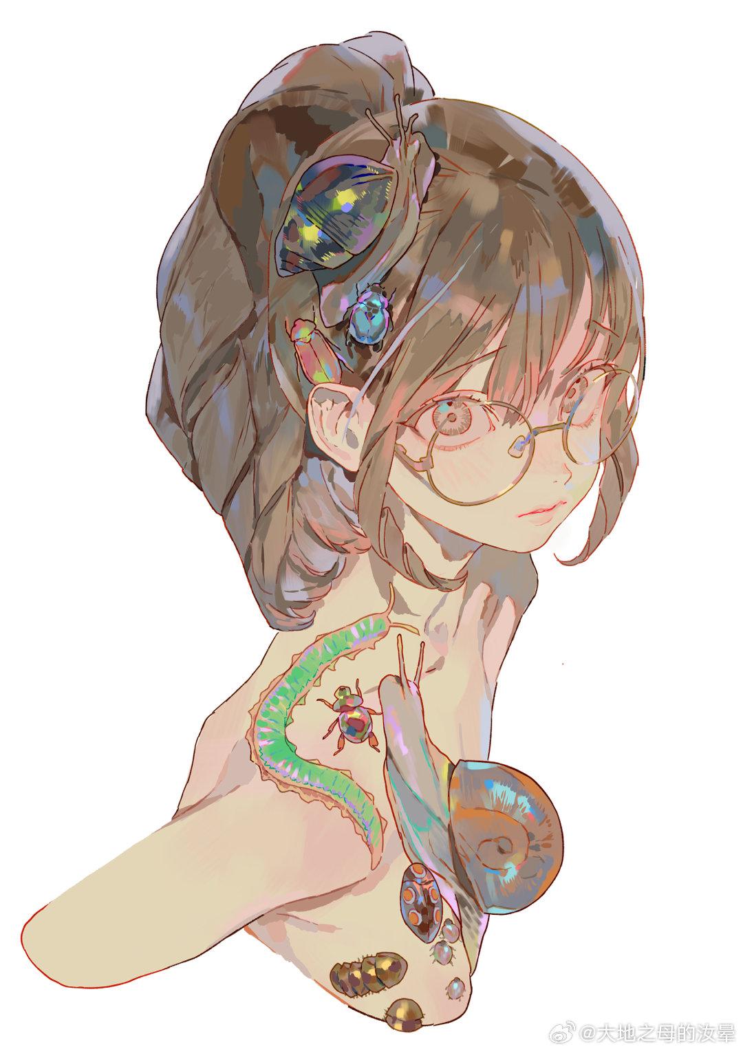 1girl bare_arms brown_eyes brown_hair bug caterpillar closed_mouth cockroach cropped_torso glasses highres insect_hair_ornament light_frown looking_at_viewer mgong520 original ponytail round_eyewear sidelocks simple_background snail solo upper_body white_background