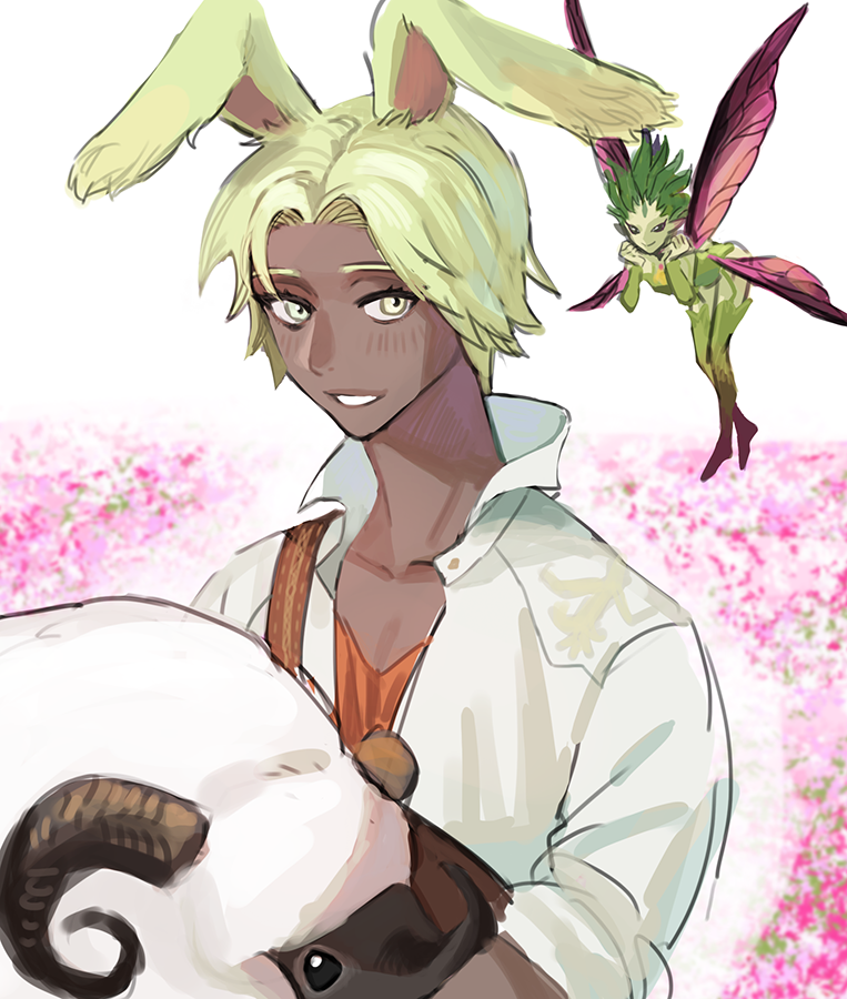 1boy anden_(ff14) dark-skinned_male dark_skin fairy final_fantasy final_fantasy_xiv gg_dal green_eyes green_hair looking_at_viewer male_focus pixie_(ff14) sheep shirt smile solo viera white_shirt