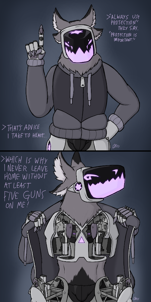 4_ears clothing concealed_weapon fur gun hoodie m1911_pistol machine male multi_ear multicolored_body multicolored_fur protogen ranged_weapon removing_top robotic_hand solo stars_(xvii) submachine_gun topwear two_tone_body two_tone_fur weapon xvii_(artist) zipper_down zipper_pull_tab