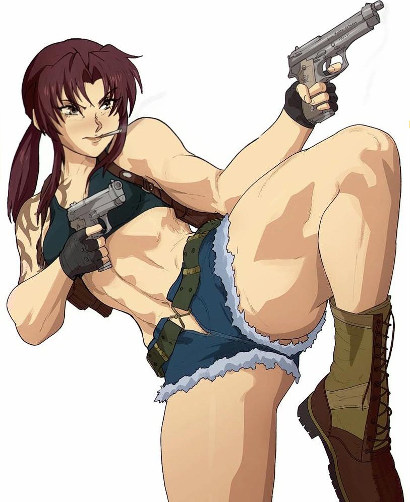 1girl bare_shoulders belt beretta_92 black_lagoon boots cigarette closed_mouth combat_boots denim denim_shorts dual_wielding foot_out_of_frame green_footwear gun handgun holding holding_gun holding_weapon leg_up revy_(black_lagoon) shorts simple_background smoke smoking solo thick_thighs thighs toned upper_body weapon white_background yoracrab