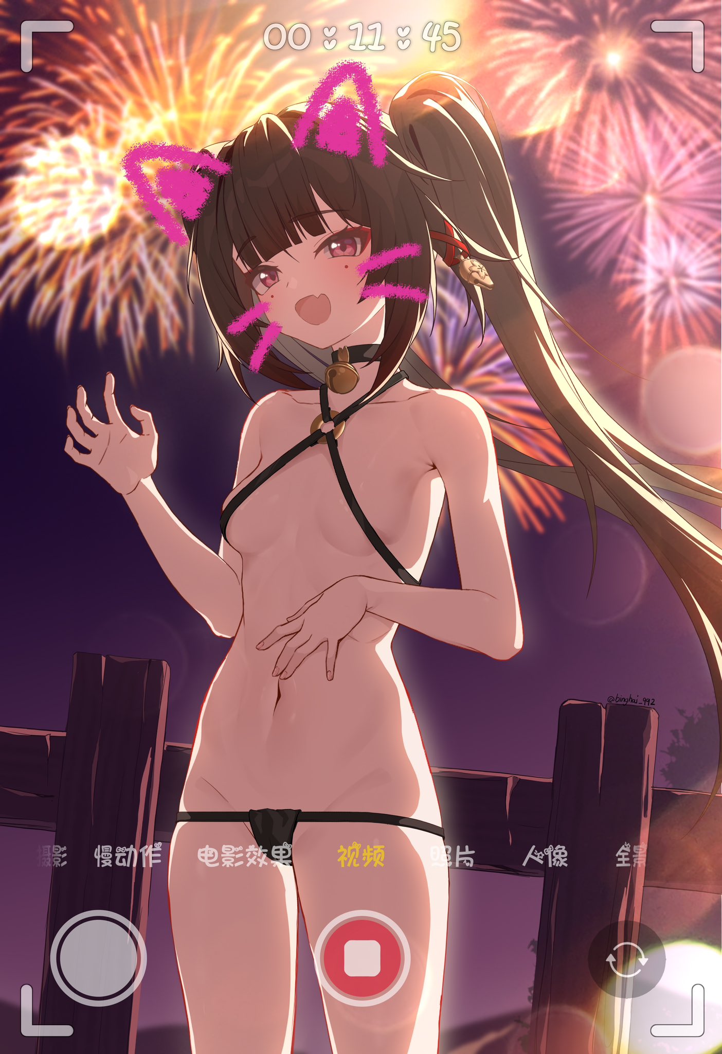 1girl :d animal_ears bell bikini bing_hai_ankang black_bikini black_choker black_slingshot_swimsuit blush breasts breasts_apart brown_hair cat_ears choker collarbone drawn_ears drawn_whiskers fake_animal_ears fake_phone_screenshot fake_screenshot fence fireworks floating_hair hand_on_own_chest hand_up highres honkai:_star_rail honkai_(series) looking_at_viewer neck_bell night o-ring open_hand open_mouth outdoors small_breasts smile solo sparkle_(honkai:_star_rail) swimsuit thong_bikini twintails viewfinder