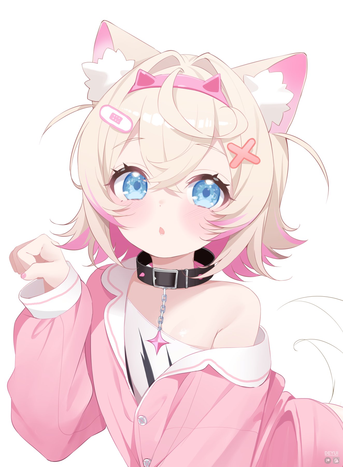 1girl :o adapted_costume animal_ear_fluff animal_ears bandaid bandaid_hair_ornament black_collar blonde_hair blue_eyes chain chain_leash clenched_hand collar colored_inner_animal_ears colored_inner_hair commentary deyui dog_ears dog_girl dog_tail fingernails hair_intakes hair_ornament hairband hand_up highres hololive hololive_english horn_hairband leash looking_at_viewer mococo_abyssgard mococo_abyssgard_(1st_costume) multicolored_hair nail_polish open_mouth pajamas paw_pose pink_hair pink_hairband pink_nails pink_pajamas shirt short_hair simple_background single_bare_shoulder single_off_shoulder solo streaked_hair symbol-only_commentary tail two_side_up virtual_youtuber white_background white_shirt x_hair_ornament