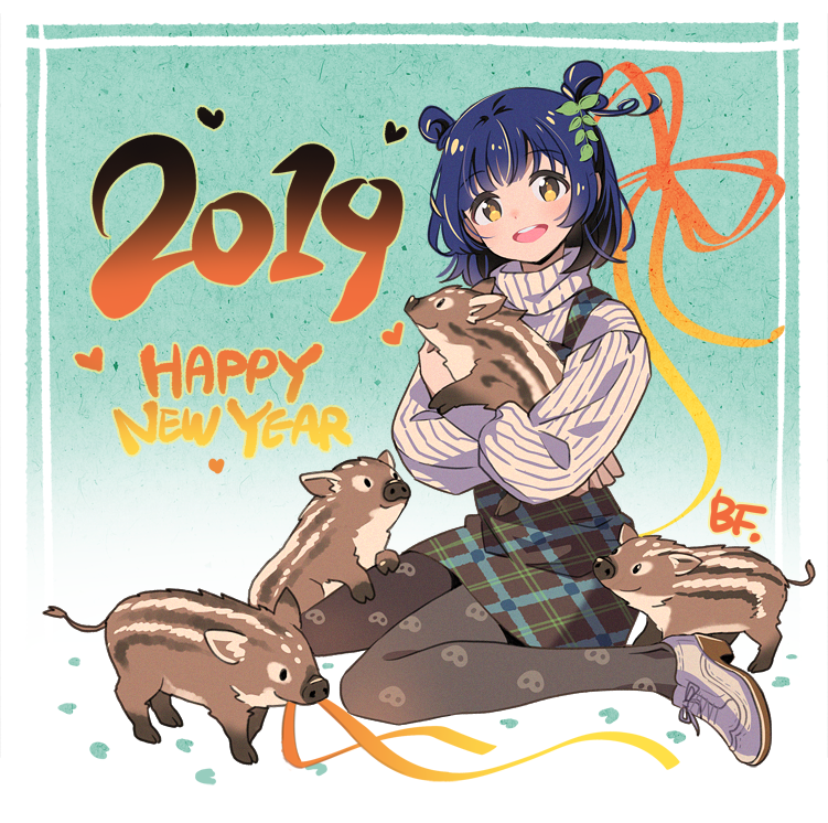 1girl 2019 :d animal aqua_background artist_name bangs bf._(sogogiching) black_legwear blue_hair blush boar commentary_request double_bun dress hair_ornament happy_new_year heart high_heels holding holding_animal leaf_hair_ornament long_sleeves looking_at_viewer new_year open_mouth original pantyhose paw_print pinafore_dress plaid plaid_dress print_legwear ribbed_sweater shoes short_hair smile solo sweater turtleneck turtleneck_sweater white_footwear white_sweater yellow_eyes