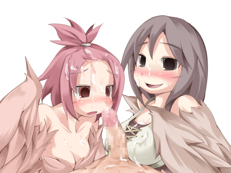 1boy 2girls bangs_pinned_back bare_shoulders blush bmp-to-png_conversion breasts brown_eyes brown_feathers brown_hair brown_wings censored cleavage cum facial feathered_wings feathers harpy long_hair looking_at_penis medium_breasts mon-musu_quest! monster_girl mosaic_censoring multiple_girls non-web_source open_mouth penis pii_(mon-musu_quest!) pina_(mon-musu_quest!) pov red_hair siblings sisters small_breasts transparent_background winged_arms wings