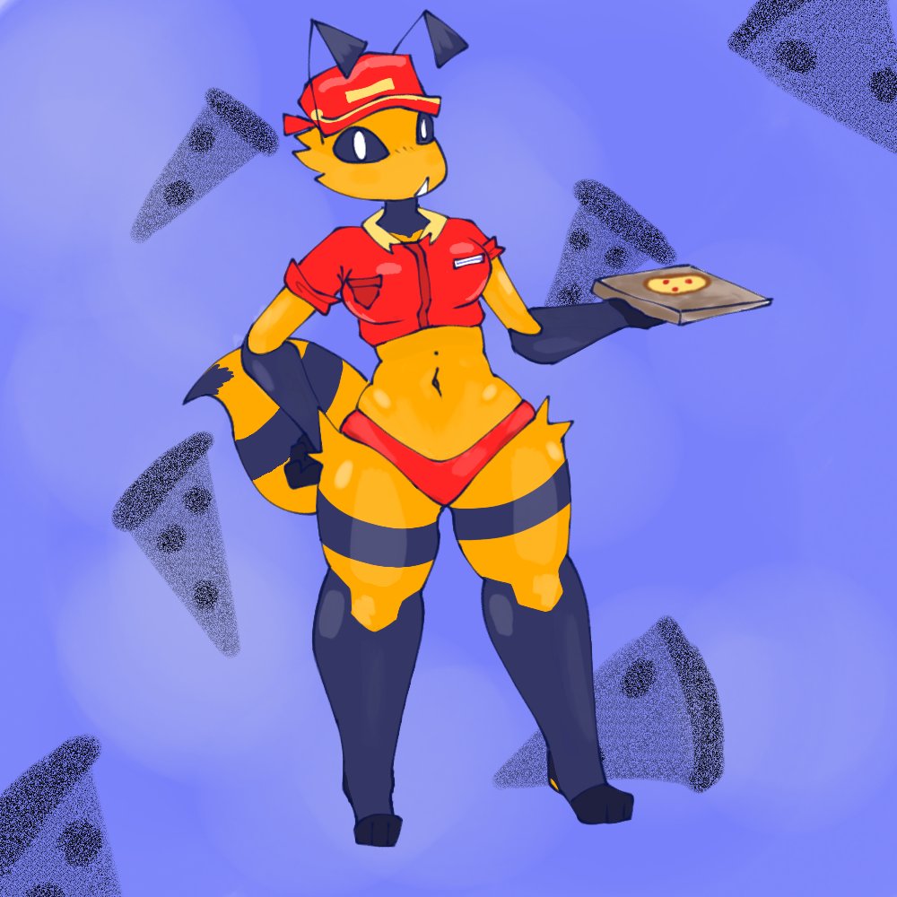 3_toes antennae_(anatomy) anthro arthropod arthropod_abdomen barefoot bee black_body black_sclera breasts clothed clothing container crop_top digital_media_(artwork) digitigrade feet female food full-length_portrait fur hand_on_hip hat headgear headwear holding_container holding_object holding_pizza_box hymenopteran insect medium_breasts midriff multicolored_body name_tag navel navel_piercing open_mouth panties pantsless payules pear-shaped_figure piercing pizza pizza_bee_(xexeezy) pizza_box pockets portrait pupils red_clothing red_crop_top red_hat red_headwear red_panties red_shirt red_topwear red_underwear shirt snout standing thick_thighs toes topwear two_tone_body underwear white_pupils wide_hips yellow_body yellow_fur