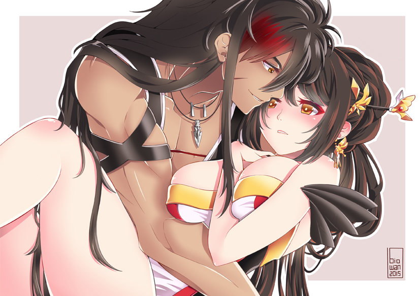 1boy 1girl ara_haan bare_shoulders biowan black_hair breasts couple earrings elsword face-to-face grin hair_ornament hairpin hetero hug jewelry large_breasts long_hair looking_at_another mechanical_arms multicolored_hair necklace partially_undressed raven_cronwell red_hair scar scar_on_chest scar_on_face sidelocks single_mechanical_arm smile streaked_hair thighs toned toned_male two-tone_hair veteran_commander_(elsword) yama_raja_(elsword) yellow_eyes