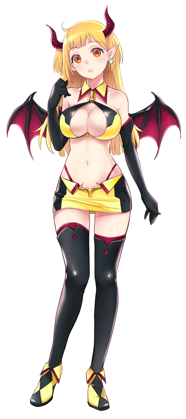 1girl bare_shoulders black_footwear black_skirt black_thighhighs blonde_hair breasts cleavage cleavage_cutout clothing_cutout demon_girl demon_horns demon_wings detached_collar devi_(master_of_eternity) earrings full_body hand_up head_tilt highleg highleg_panties highres horns jewelry large_breasts long_hair looking_at_viewer master_of_eternity miniskirt navel official_art open_mouth orange_eyes panties pointy_ears purple_horns purple_panties shoes skirt skull_earrings solo stomach tachi-e thighhighs third-party_source transparent_background two-tone_footwear two-tone_skirt underwear wings yellow_footwear yellow_skirt