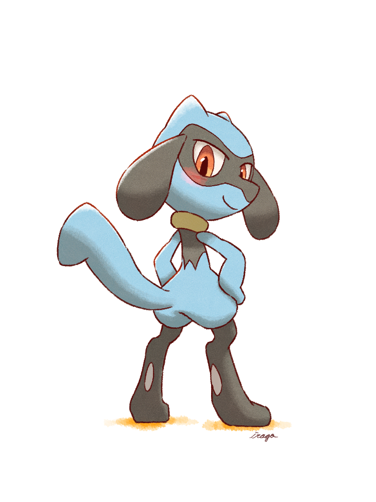 2020 anthro black_body black_legs blue_arms blue_body blue_ears blue_tail blush butt digitigrade full-length_portrait generation_4_pokemon irago looking_at_viewer multicolored_body nintendo pokemon pokemon_(species) portrait pose riolu signature smile solo tail