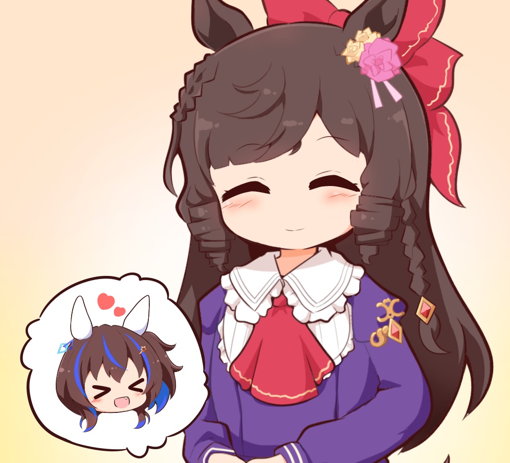 &gt;_&lt; 2girls :d ^_^ animal_ears blush_stickers bow braid brown_background brown_hair chibi closed_eyes closed_mouth daiichi_ruby_(umamusume) daitaku_helios_(umamusume) dress drill_hair flower gomashio_(goma_feet) hair_bow hair_flower hair_ornament hairclip heart horse_ears horse_girl horse_tail long_hair long_sleeves multiple_girls own_hands_together pink_flower pink_rose puffy_long_sleeves puffy_sleeves purple_dress red_bow rose side_drill side_ponytail smile star_(symbol) star_hair_ornament tail twin_drills umamusume very_long_hair xd yellow_flower yellow_rose