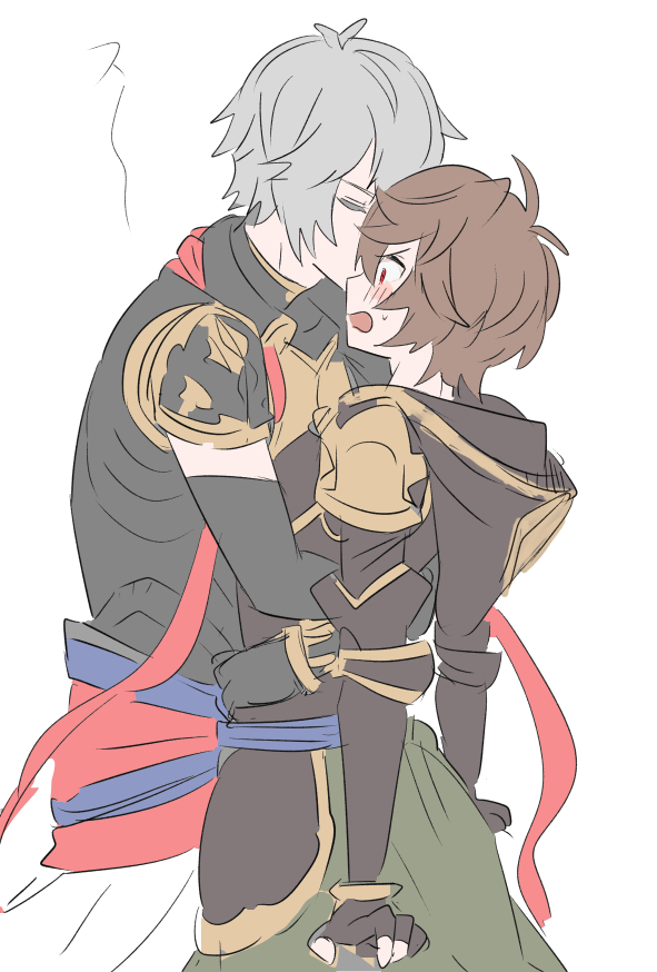 2boys ahoge arms_at_sides blush brown_hair cape closed_eyes colored_eyelashes commentary_request cowboy_shot elbow_gloves fingerless_gloves gloves granblue_fantasy green_cape hair_between_eyes hood hood_down hug kiss makita_(homosapiensu) male_focus messy_hair multiple_boys open_mouth red_eyes red_ribbon ribbon sandalphon_(granblue_fantasy) short_hair short_sleeves sketch surprise_kiss surprised translation_request turtleneck white_background white_hair yaoi