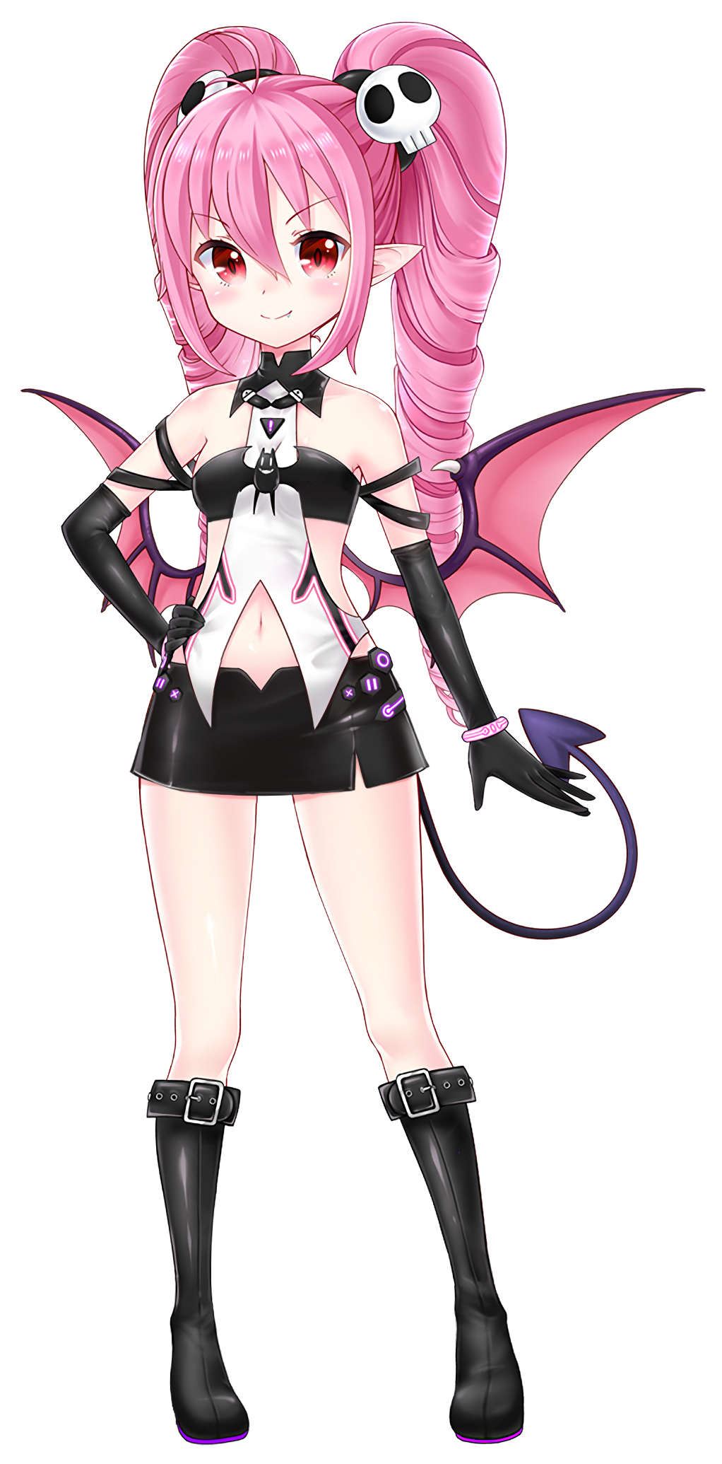 &gt;:) antenna_hair bare_shoulders belt belt_buckle black_belt black_footwear black_gloves black_skirt boots breasts buckle closed_mouth clothing_cutout cubi_(master_of_eternity) demon_girl demon_tail demon_wings dot_nose drill_hair elbow_gloves fang full_body gloves hair_between_eyes hand_on_own_hip highres knee_boots leg_belt long_hair looking_at_viewer master_of_eternity miniskirt navel navel_cutout official_art petite pink_bracelet pink_hair pointy_ears purple_tail purple_wings red_eyes side_slit sidelocks skirt skull slit_pupils small_breasts smile tachi-e tail third-party_source transparent_background twin_drills v-shaped_eyebrows wings