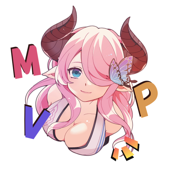 1girl bikini blue_eyes breasts butterfly_hair_ornament cleavage commentary_request draph english_text granblue_fantasy hair_ornament hair_over_one_eye horns long_hair looking_at_viewer looking_up mvp narmaya_(granblue_fantasy) narmaya_(summer)_(granblue_fantasy) notice_lines pointy_ears portrait sidelocks smile sweet_love4s swimsuit white_background