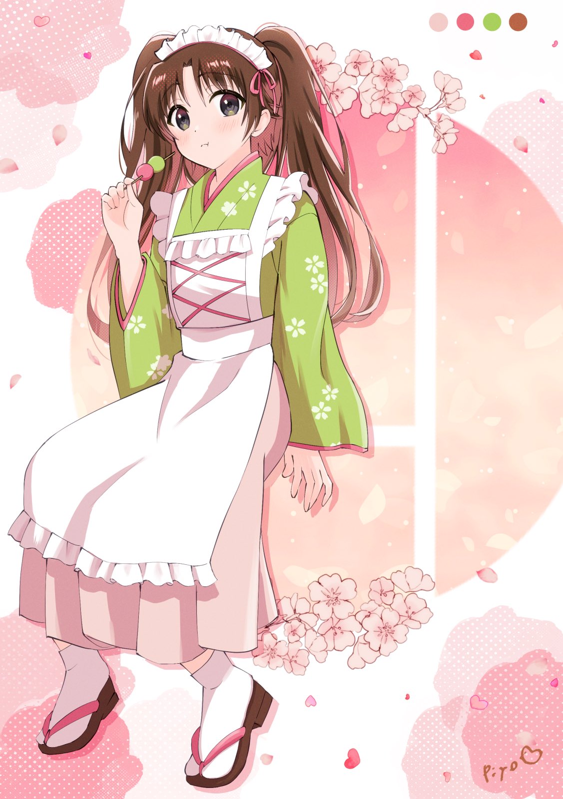1boy :i alternate_costume alternate_hair_length alternate_hairstyle apron arm_at_side blush brown_hair cherry_blossom_print cherry_blossoms closed_mouth commentary_request dango enmaided falling_petals floral_print food full_body green_kimono grey_eyes hair_ribbon hand_up highres holding holding_food japanese_clothes kimono little_busters! long_hair long_sleeves looking_at_viewer maid maid_apron maid_headdress naoe_riki otoko_no_ko petals pink_background pink_ribbon piyo_(kinkooo333) print_kimono ribbon sandals sanshoku_dango signature simple_background sitting solo tabi tareme twintails two-tone_background wa_maid wagashi white_apron white_background wide_sleeves