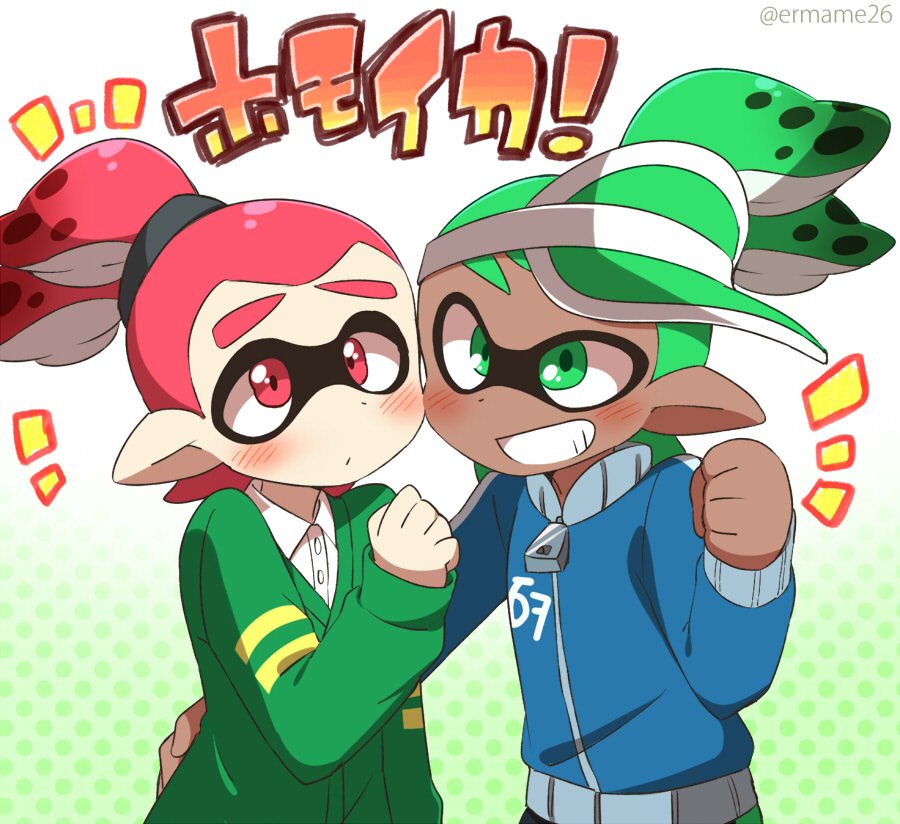 blush cardigan clenched_hand eromame green_eyes green_hair hand_on_another's_back high_ponytail inkling inkling_boy inkling_player_character jacket looking_at_viewer pointy_ears ponytail red_eyes red_hair smile splatoon_(series) splatoon_1 tentacle_hair thick_eyebrows twitter_username visor_cap yaoi