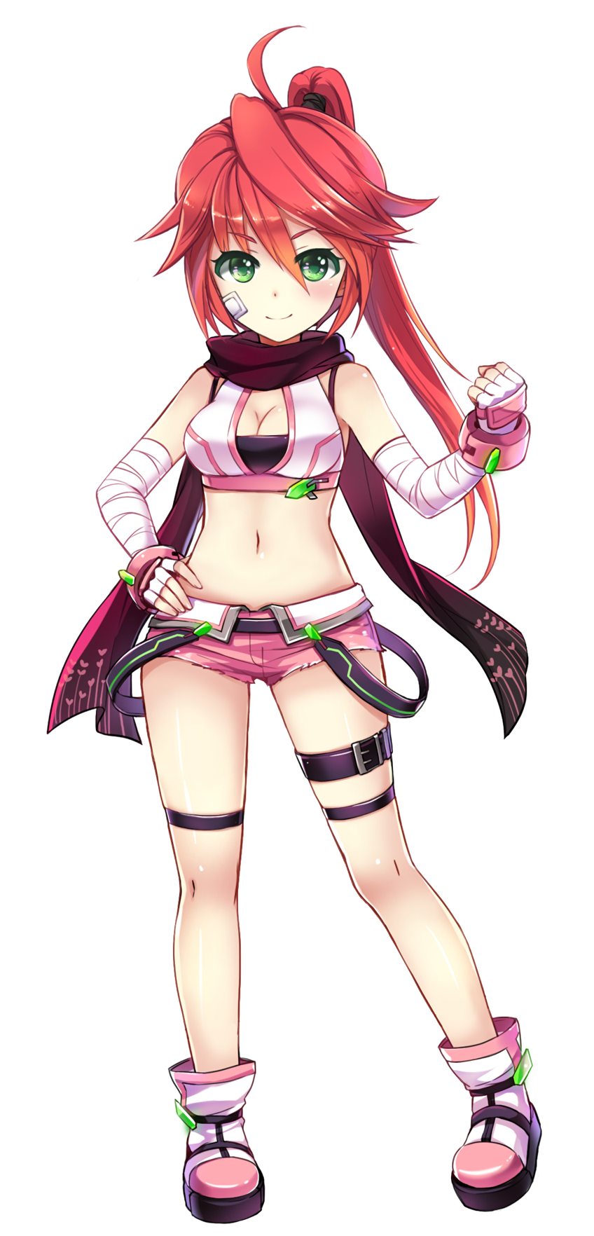 1girl ahoge bandaged_arm bandages bandaid bandaid_on_cheek bandaid_on_face belt belt_buckle black_belt blush boots breasts buckle cleavage clenched_hand closed_mouth crop_top dot_nose fingerless_gloves full_body gem gloves green_eyes green_gemstone hand_on_own_hip hand_up heart heart_print high_ponytail highres karu_(master_of_eternity) long_hair looking_at_viewer master_of_eternity medium_breasts navel official_art petite pink_bracelet pink_footwear pink_shorts platform_boots platform_footwear print_scarf purple_scarf red_hair scarf short_shorts shorts smile solo stomach tachi-e thigh_belt thigh_strap third-party_source torn_clothes torn_shorts transparent_background two-tone_footwear white_footwear white_gloves