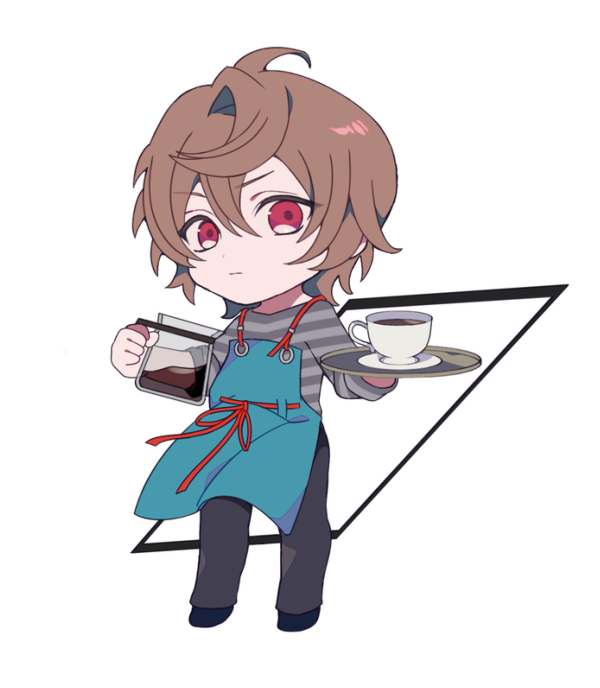 1boy ahoge apron black_pants blue_apron brown_hair chibi coffee coffee_cup commentary_request cup disposable_cup expressionless floating_clothes full_body granblue_fantasy hair_between_eyes holding holding_coffee_pot holding_tray looking_at_viewer male_focus messy_hair pants sandalphon_(granblue_fantasy) sandalphon_(server_of_a_sublime_brew)_(granblue_fantasy) shirt solo_focus striped_clothes striped_shirt sweet_love4s tray vertical-striped_clothes vertical-striped_shirt white_background