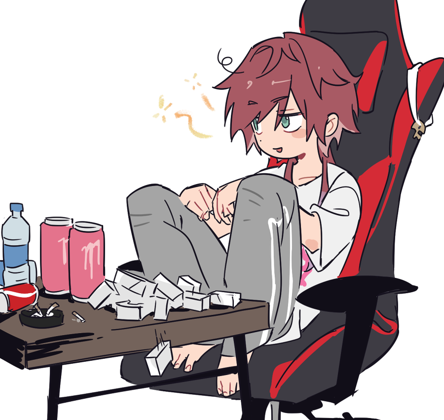 bottle chair cigarette energy_drink gaming_chair green_eyes grey_pants lauren_iroas loungewear nijisanji o5976755 pants red_hair shirt sitting swivel_chair water_bottle white_shirt