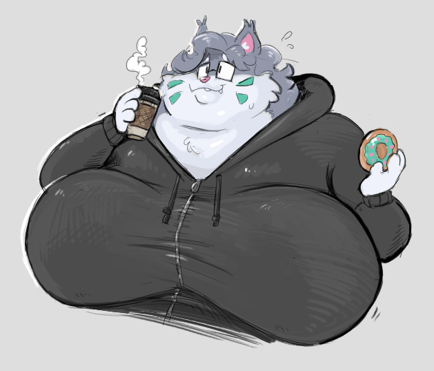 beverage big_breasts breasts chubby_cheeks clothed clothing coffee coffee_cup container cup dessert double_chin doughnut ear_tuft eyewear female food fur glasses grey_body grey_fur hair holding_container holding_cup holding_donut holding_food holding_object jacket lynn_(fatio_catio) overweight overweight_female pink_ears pink_nose plushclover sweat_mark teal_body teal_fur topwear tuft