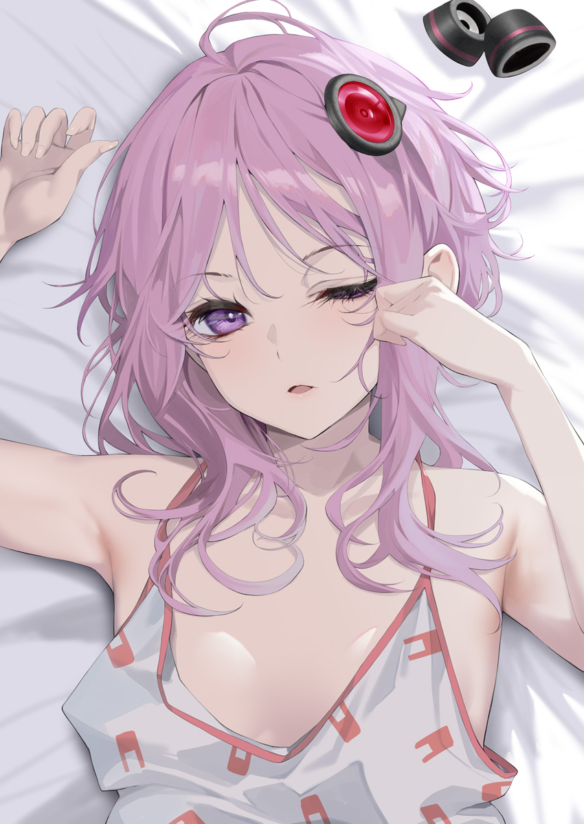 1girl breasts camisole hair_ornament highres long_hair looking_at_viewer lying morning on_back one_eye_closed parted_lips purple_eyes purple_hair rubbing_eyes small_breasts solo sunlight unworn_hair_ornament upper_body vocaloid voiceroid waking_up yappen yuzuki_yukari