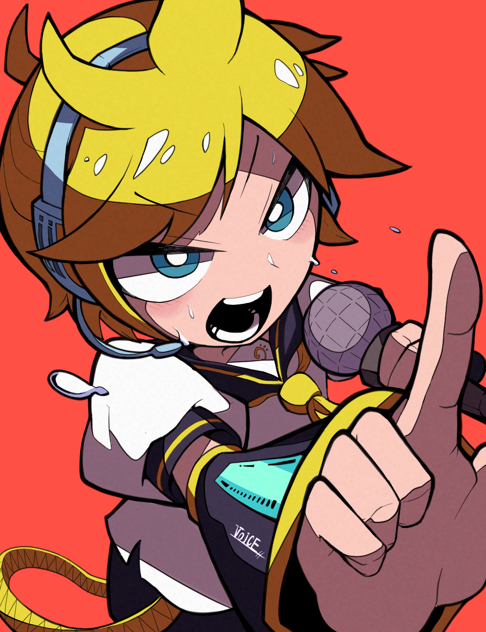 bass_clef bis814 black_sailor_collar black_shorts black_sleeves blonde_hair blue_eyes detached_sleeves foreshortening headphones headset highres holding holding_microphone index_finger_raised kagamine_len microphone music necktie open_mouth pointing red_background sailor_collar sailor_shirt serious shirt short_sleeves shorts singing sweat teeth v-shaped_eyebrows vocaloid white_shirt yellow_necktie
