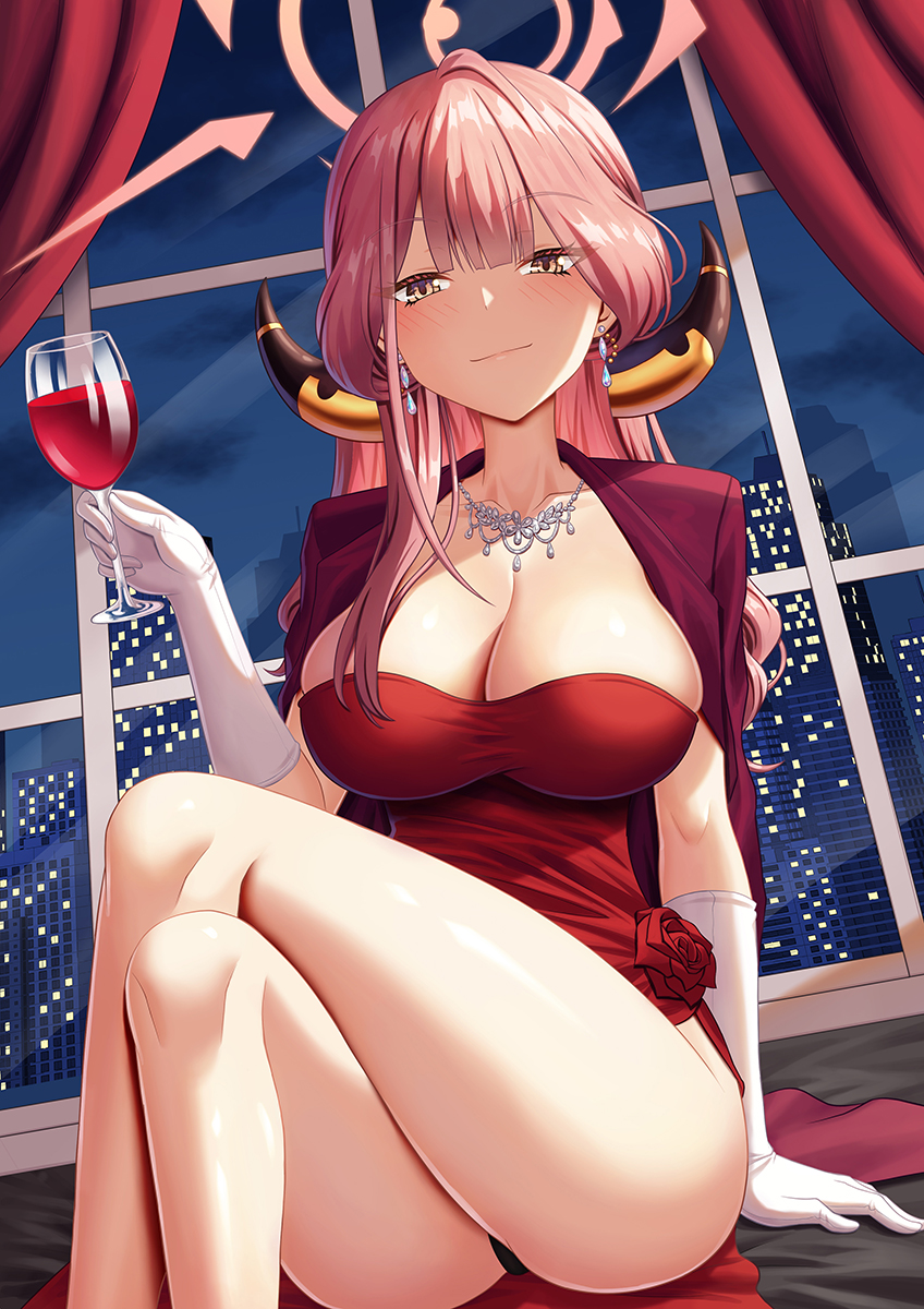1girl aru_(blue_archive) aru_(dress)_(blue_archive) ass black_panties blue_archive blush breasts brown_horns cleavage closed_mouth coat coat_on_shoulders collarbone cup demon_horns dress drinking_glass feet_out_of_frame gloves halo highres holding holding_cup horns indoors jewelry large_breasts long_hair looking_at_viewer necklace official_alternate_costume panties pink_hair pink_halo red_coat red_dress solo strapless strapless_dress tako_seijin underwear white_gloves window wine_glass yellow_eyes