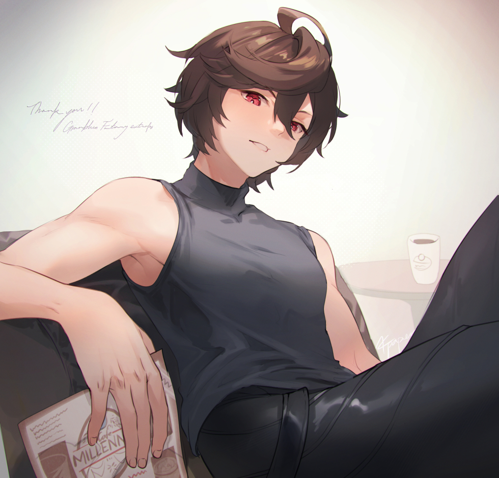 1boy ahoge armpit_crease brown_hair coffee coffee_cup coffee_mug commentary_request couch cowboy_shot cropped_legs cup disposable_cup endend_(shinia) english_commentary english_text granblue_fantasy hair_between_eyes holding holding_menu leather leather_pants looking_at_viewer male_focus menu messy_hair mixed-language_commentary mug on_couch pants red_eyes sandalphon_(granblue_fantasy) short_hair sleeveless sleeveless_turtleneck smile solo_focus turtleneck