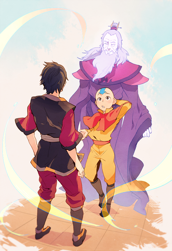 2boys aang arm_behind_head avatar:_the_last_airbender avatar_legends bald beard boots brown_eyes brown_footwear brown_hair facial_hair full_body grey_hair grin long_hair long_sleeves mall multiple_boys pants red_pants red_robe red_shirt robe roku_(avatar) shirt short_hair smile spirit standing t_k_g tile_floor tiles white_background wide_sleeves yellow_pants yellow_shirt zuko