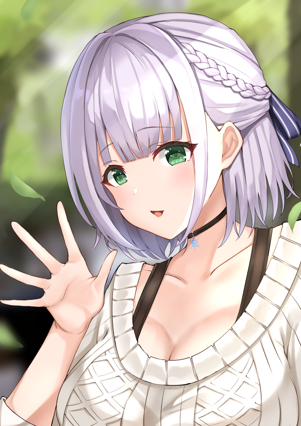 1girl black_choker blue_ribbon blush braid breasts choker cleavage french_braid green_eyes grey_hair hair_ribbon half_updo highres hololive large_breasts looking_at_viewer menmen_(menmen13s) official_alternate_costume open_mouth ribbon shirogane_noel shirogane_noel_(casual) short_hair smile solo sweater virtual_youtuber waving white_sweater