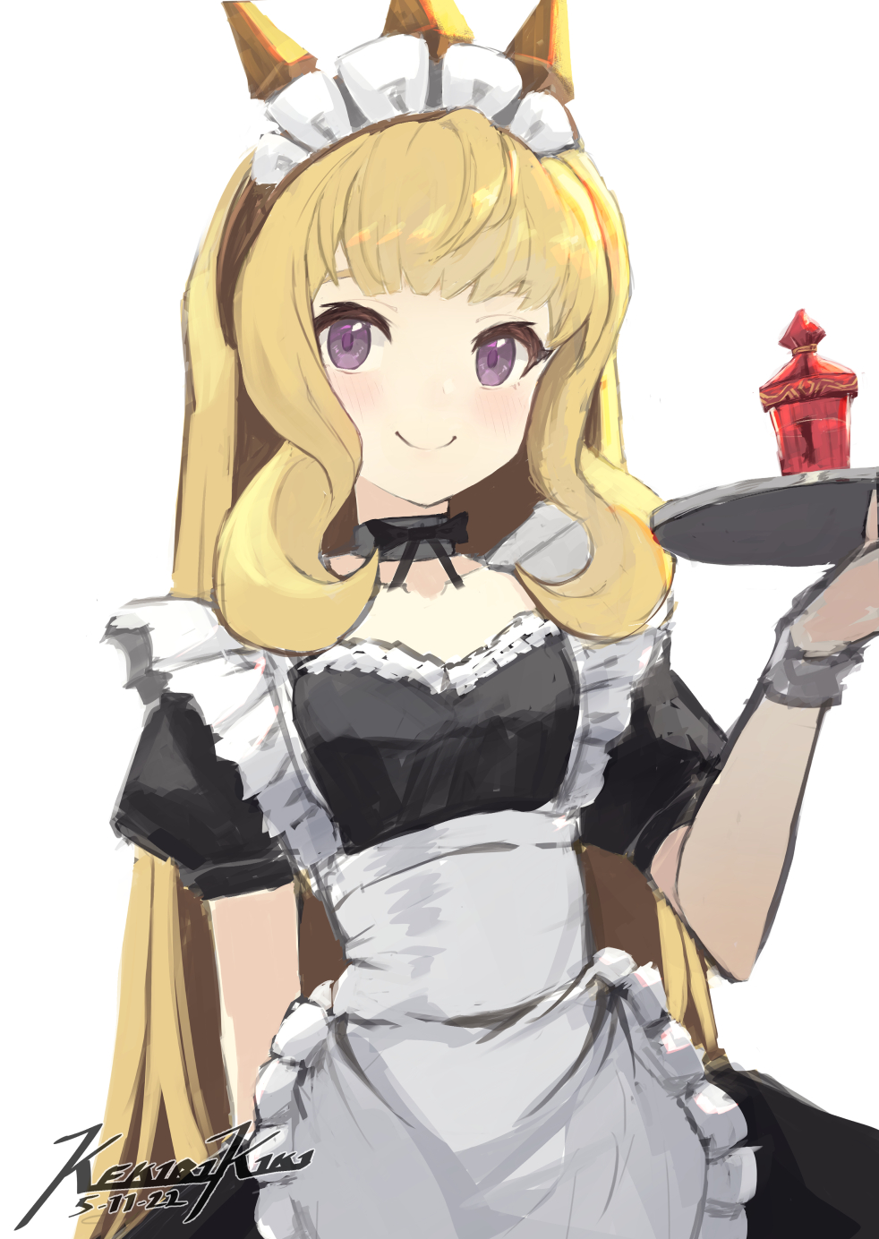 1girl apron artist_name black_choker black_ribbon blonde_hair blunt_bangs bottle bracelet breasts cagliostro_(granblue_fantasy) choker curly_hair dress frills granblue_fantasy highres holding holding_tray jewelry lace lace_choker long_hair looking_at_viewer maid maid_apron maid_headdress perfume_bottle punished_pigeon purple_eyes ribbon sidelocks sketch small_breasts smile tiara tray upper_body white_background