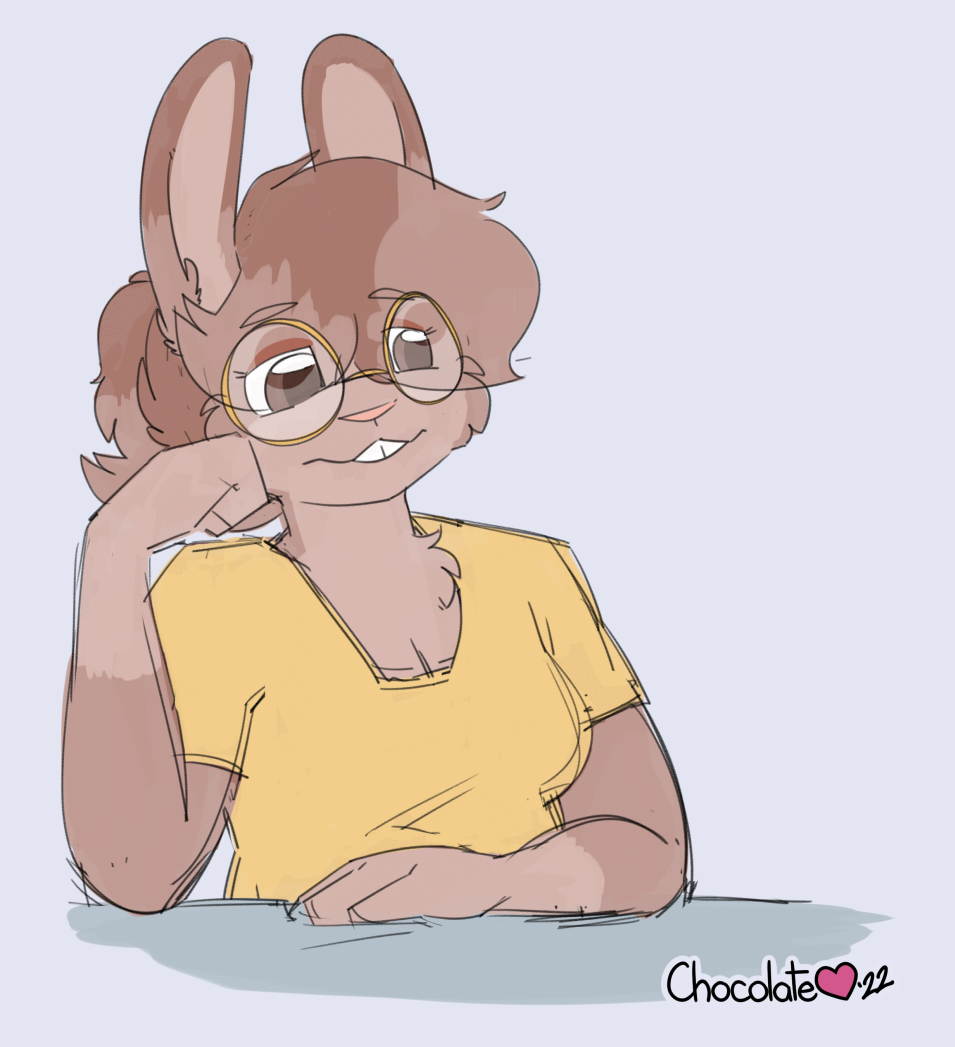 arm_support chocolatekitsune chocolatekitsune_(character) clothed clothing colored eyewear female feral glasses head_tuft lagomorph leaning_on_elbow leporid mammal melancholic rabbit signature sketch solo tuft