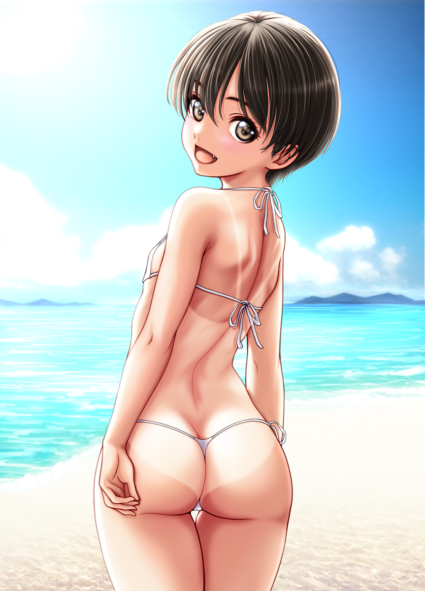 1girl :d arms_at_sides back bare_arms bare_shoulders beach bikini black_hair blue_sky brown_eyes cloud cowboy_shot day fang flat_chest from_behind halterneck highres light_blush looking_at_viewer looking_back micro_bikini ocean one-piece_tan open_mouth original osuzu_akiomi outdoors short_hair sky smile solo standing string_bikini swimsuit tan tanlines thigh_gap tomboy tongue twisted_torso very_short_hair white_bikini