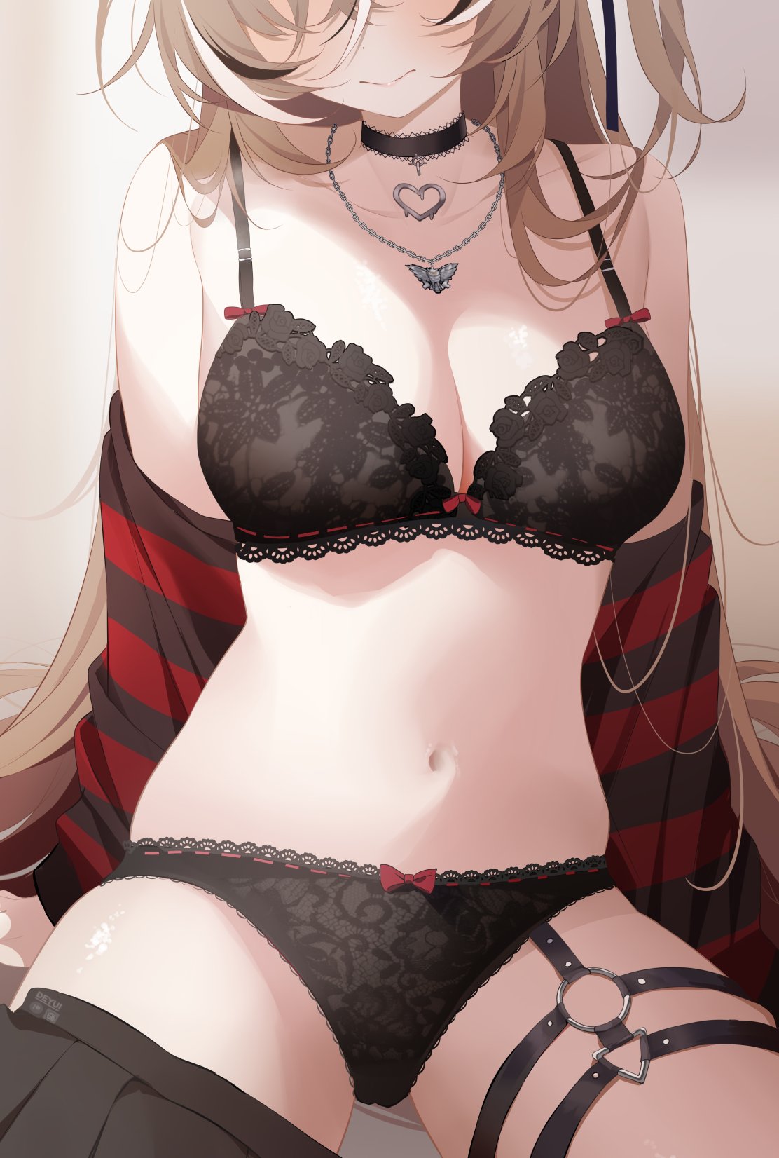 1girl arm_support black_bra black_choker black_hair black_panties black_skirt black_sweater bow bow_panties bra breasts brown_hair choker cleavage deyui english_commentary heart heart_choker highres hololive hololive_english jewelry lace lace-trimmed_choker lace-trimmed_panties lace_panties lace_trim medium_breasts multicolored_hair nanashi_mumei nanashi_mumei_(emo) navel necklace o-ring o-ring_thigh_strap off_shoulder paid_reward_available panties pleated_skirt red_sweater shirt sitting skirt smile streaked_hair striped_clothes striped_sweater sweater thigh_strap underwear unworn_skirt virtual_youtuber white_hair