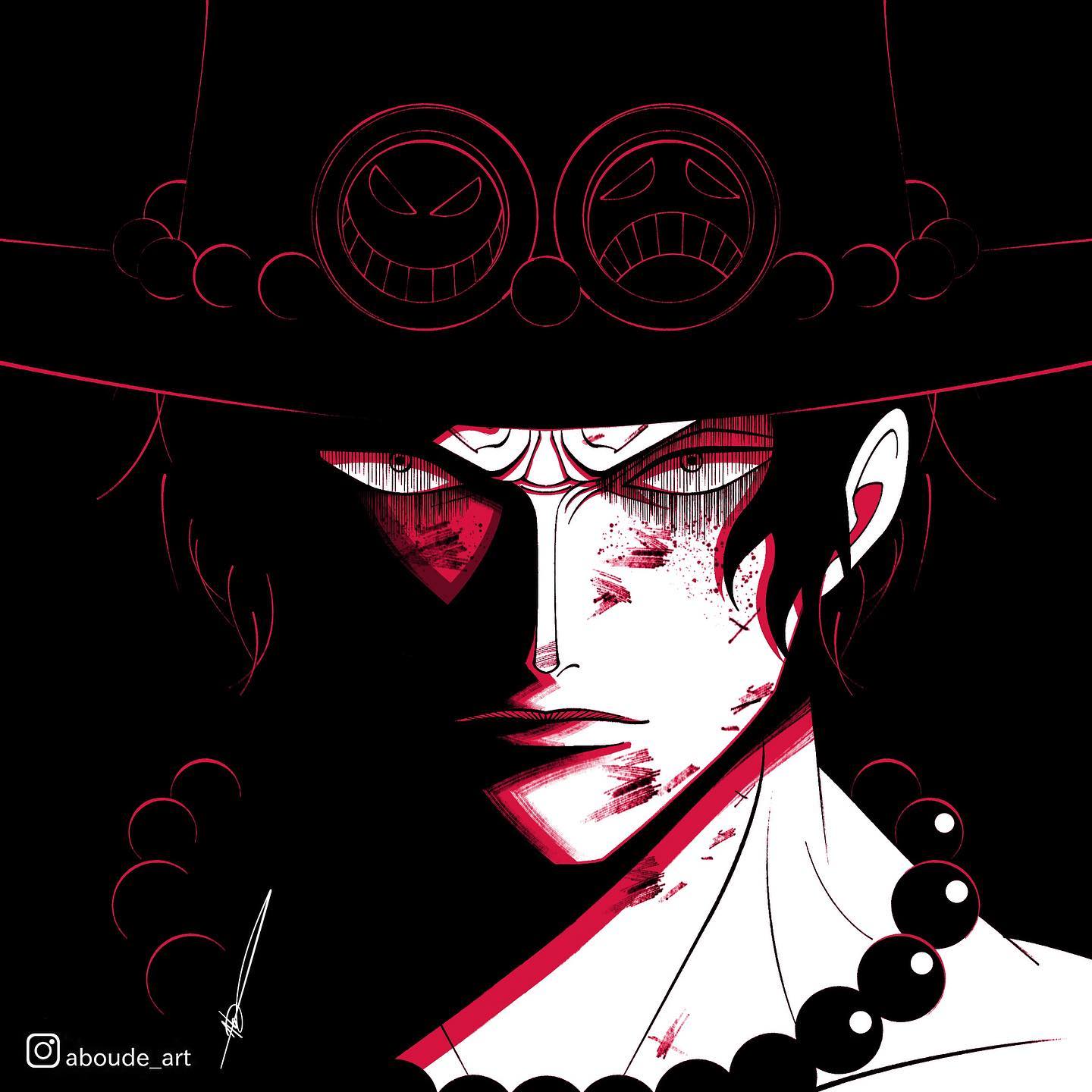 1boy aboude_art artist_name bead_necklace beads black_hair closed_mouth cowboy_hat hat highres injury instagram_logo instagram_username jewelry limited_palette looking_at_viewer male_focus necklace one_piece portgas_d._ace short_hair signature solo