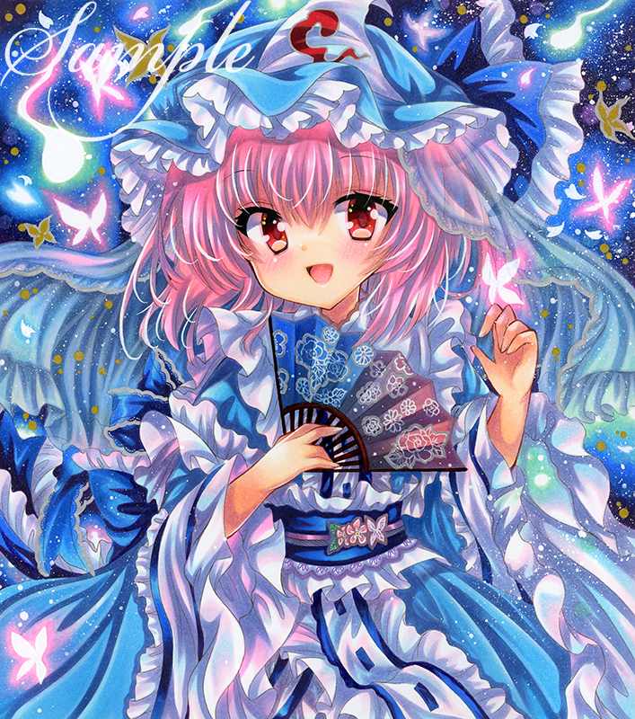 1girl blue_dress blue_hat blue_sash bug butterfly dress folding_fan frilled_dress frills hand_fan hat holding holding_fan long_sleeves looking_at_viewer marker_(medium) medium_hair mob_cap obi open_mouth pink_hair red_eyes rui_(sugar3) saigyouji_yuyuko sample_watermark sash smile solo touhou traditional_media upper_body watermark wide_sleeves