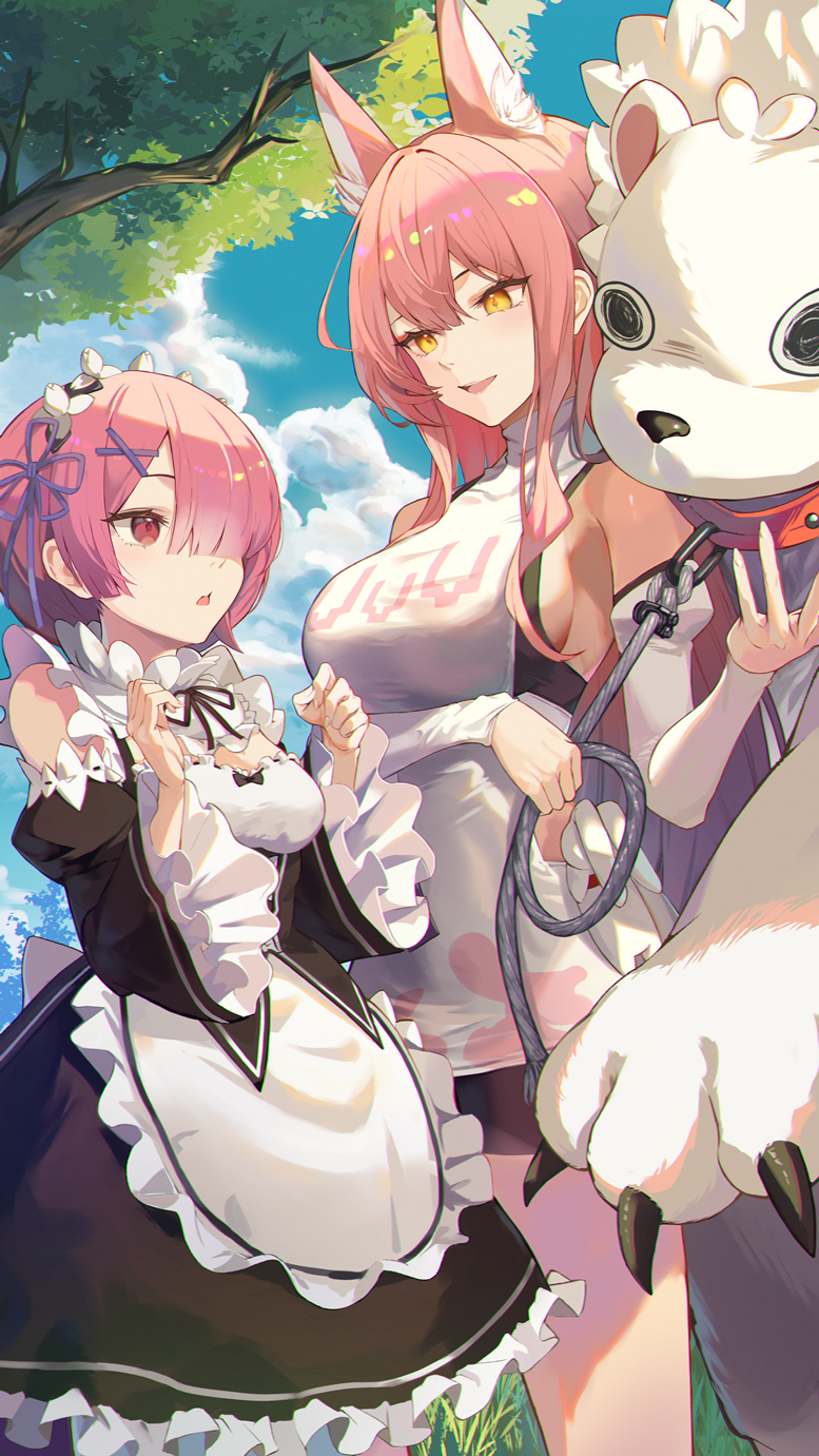 2girls animal_ears apron black_dress breasts clothing_cutout day detached_sleeves dress goddess_of_victory:_nikke hair_over_one_eye highres holding holding_leash large_breasts leash leona_(nikke) lion long_hair long_sleeves looking_at_another maid maid_apron maid_headdress multiple_girls niac open_mouth outdoors pink_eyes pink_hair ram_(re:zero) shoulder_cutout sideboob timi_(nikke) white_dress yellow_eyes