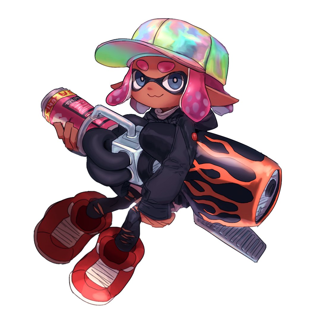 1girl :3 baseball_cap black_hoodie black_pants blue_eyes closed_mouth commentary_request full_body gun hat holding holding_gun holding_weapon hood hoodie ikki_(gsl_9708) inkling inkling_girl inkling_player_character korean_commentary medium_hair multicolored_hat pants pink_hair pointy_ears range_blaster_(splatoon) red_footwear shoes simple_background sitting sleeves_past_fingers sleeves_past_wrists smile solo splatoon_(series) splatoon_3 tentacle_hair thick_eyebrows torn_clothes torn_pants weapon white_background