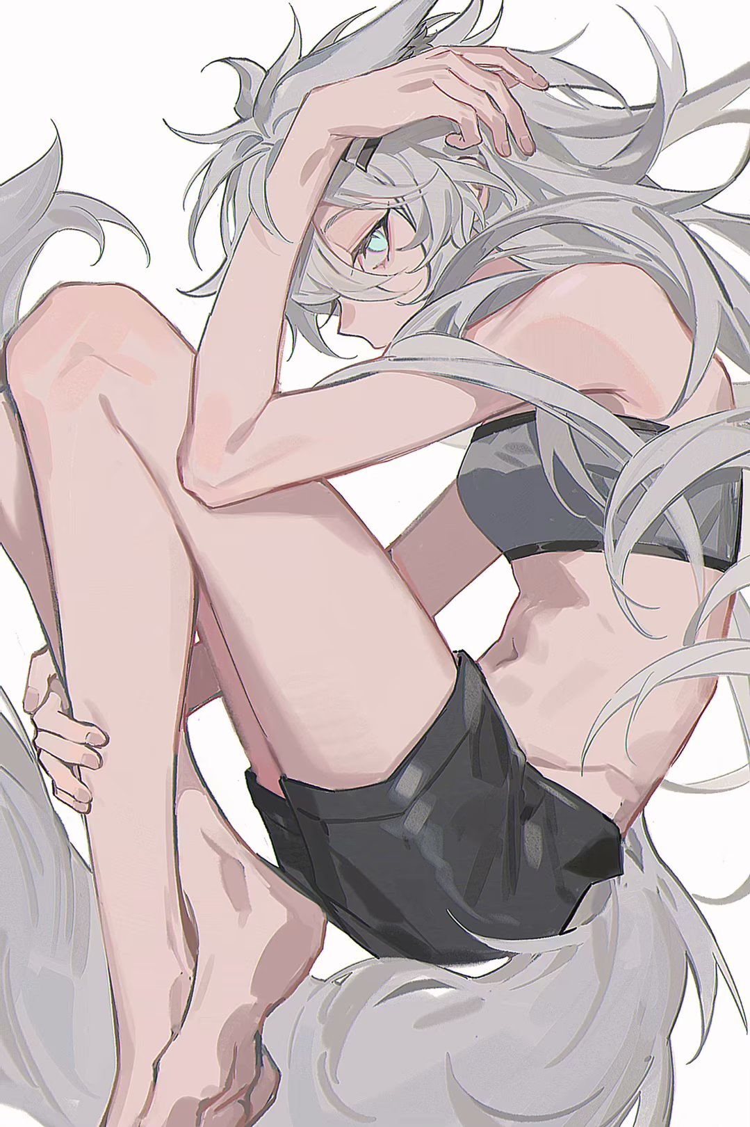 1girl animal_ears arknights bare_arms bare_legs bare_shoulders black_nails black_shorts blue_eyes breasts commentary_request from_side grey_hair grey_tail grey_tube_top highres lappland_(arknights) long_hair looking_at_viewer nail_polish navel pinenut_sn scar scar_across_eye shorts simple_background small_breasts solo stomach strapless tail tube_top white_background wolf_ears wolf_girl wolf_tail