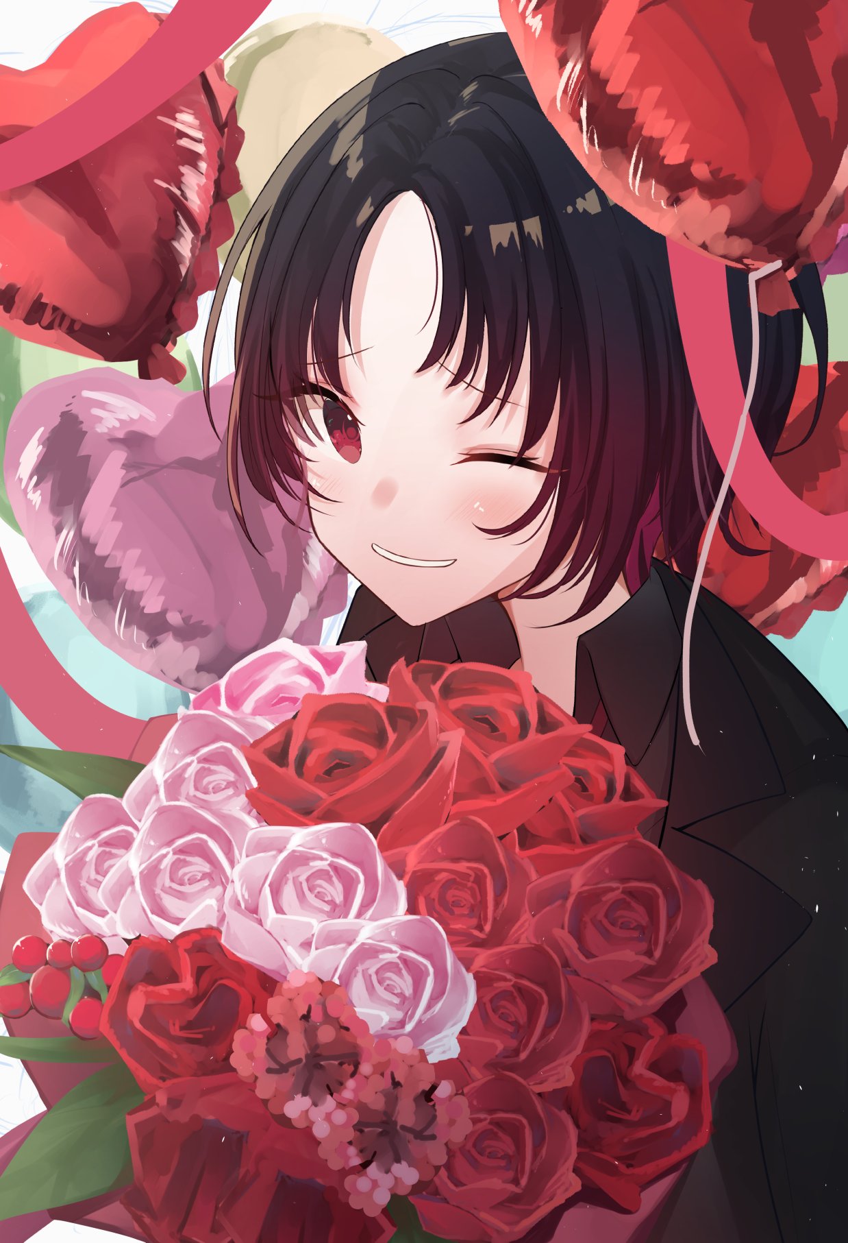 1girl balloon black_hair black_jacket black_shirt blush bouquet flower gradient_hair heart_balloon highres holding holding_bouquet iris_black_games jacket kisaragi_ren_(vtuber) multicolored_hair one_eye_closed parted_bangs pink_flower pink_rose red_eyes red_flower red_hair red_rose rose shirt smile upper_body virtual_youtuber vspo! yokochy