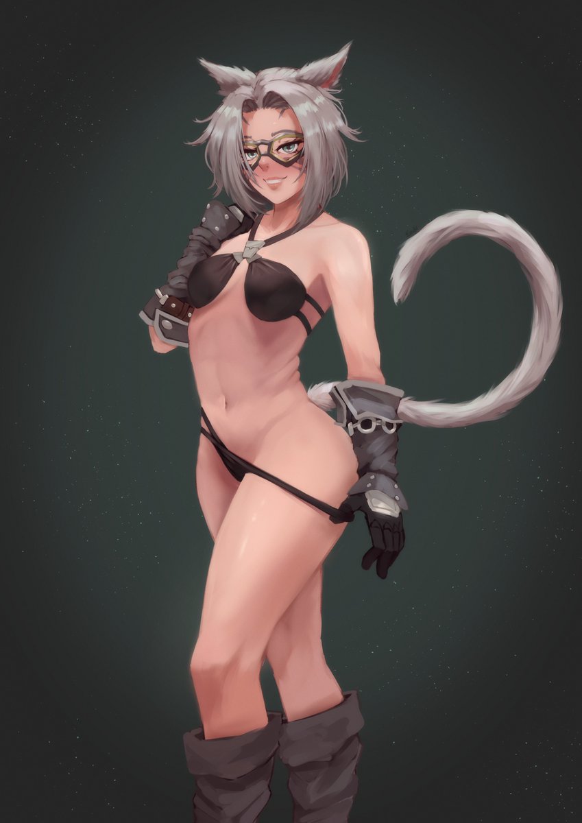 1girl animal_ears armor bikini bikini_bottom_pull black_bikini black_gloves boots breasts cat_ears cat_girl cat_tail commentary commission english_commentary erochi facial_mark feet_out_of_frame final_fantasy final_fantasy_xiv gloves goggles green_background grey_footwear grey_hair hand_up highres japanese_armor light_particles medium_breasts medium_hair miqo'te parted_lips solo swimsuit tail warrior_of_light_(ff14) whisker_markings