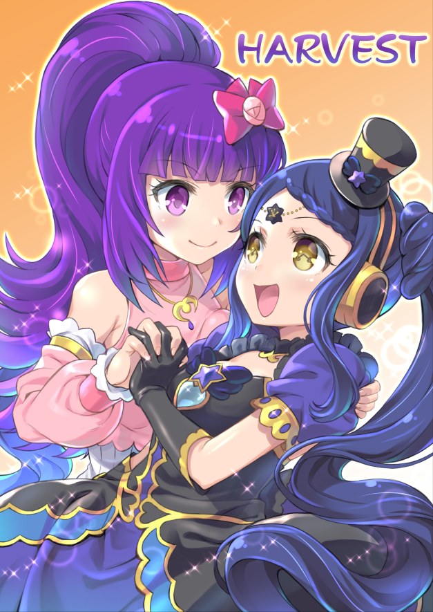2girls :d black_dress black_gloves blue_hair blunt_bangs bow braid braided_bangs closed_mouth cover cover_page cowboy_shot detached_sleeves dress garara_s_leep gloves hair_bow hanazono_shuka hand_on_another's_back hand_up hat head_chain headphones holding_hands idol_clothes idol_time_pripara interlocked_fingers long_hair looking_at_another mini_hat mizuki_gyokuran multiple_girls open_mouth pink_bow ponytail pretty_series pripara puffy_short_sleeves puffy_sleeves purple_eyes purple_hair short_sleeves smile symbol-shaped_pupils twintails very_long_hair yellow_eyes