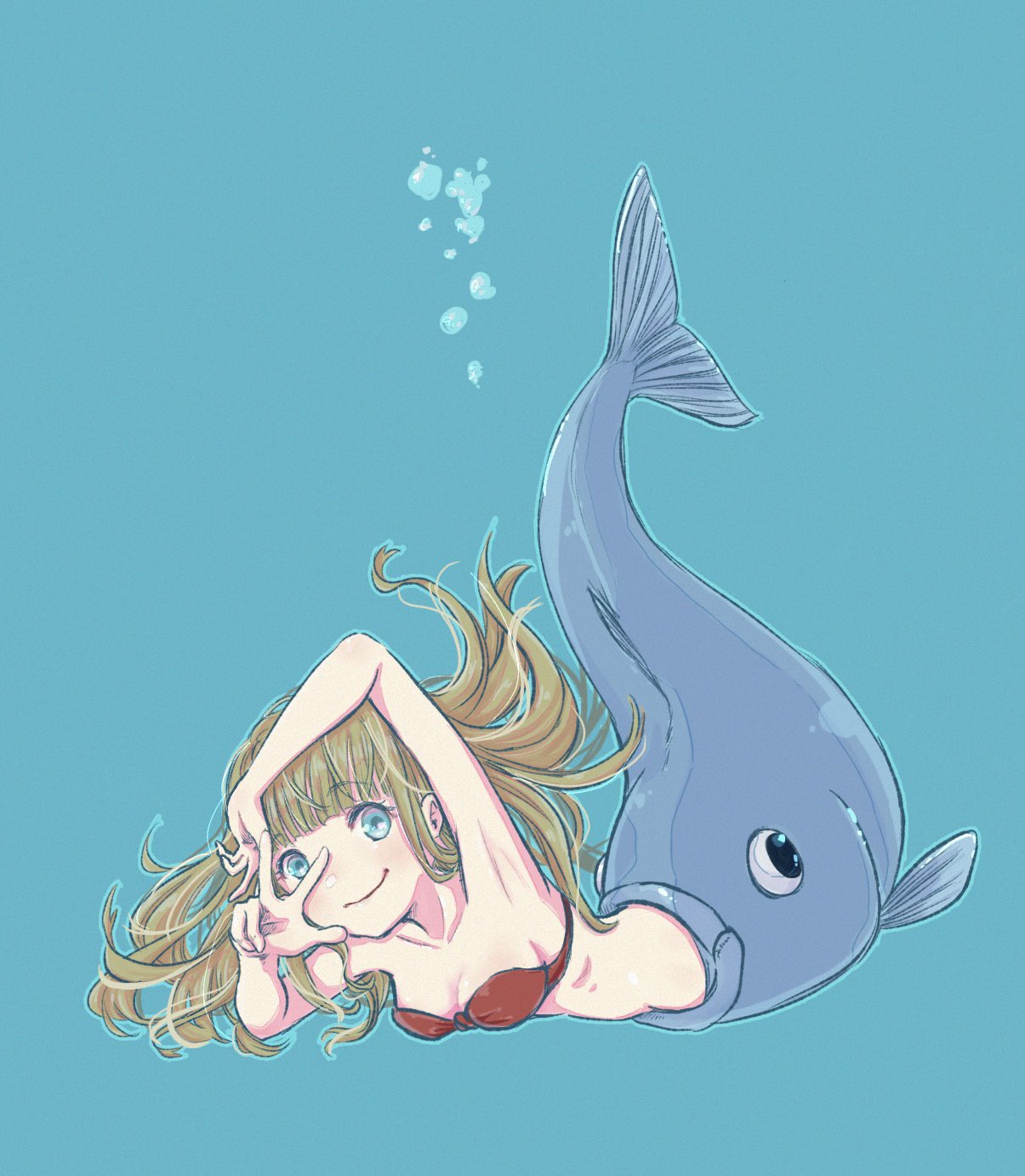 1girl armpit_crease arms_up blonde_hair blue_eyes bra bubble commentary fins fish fish_tail highres long_hair looking_at_viewer mermaid monster_girl nean_gowld original simple_background smile solo tail underwater underwear