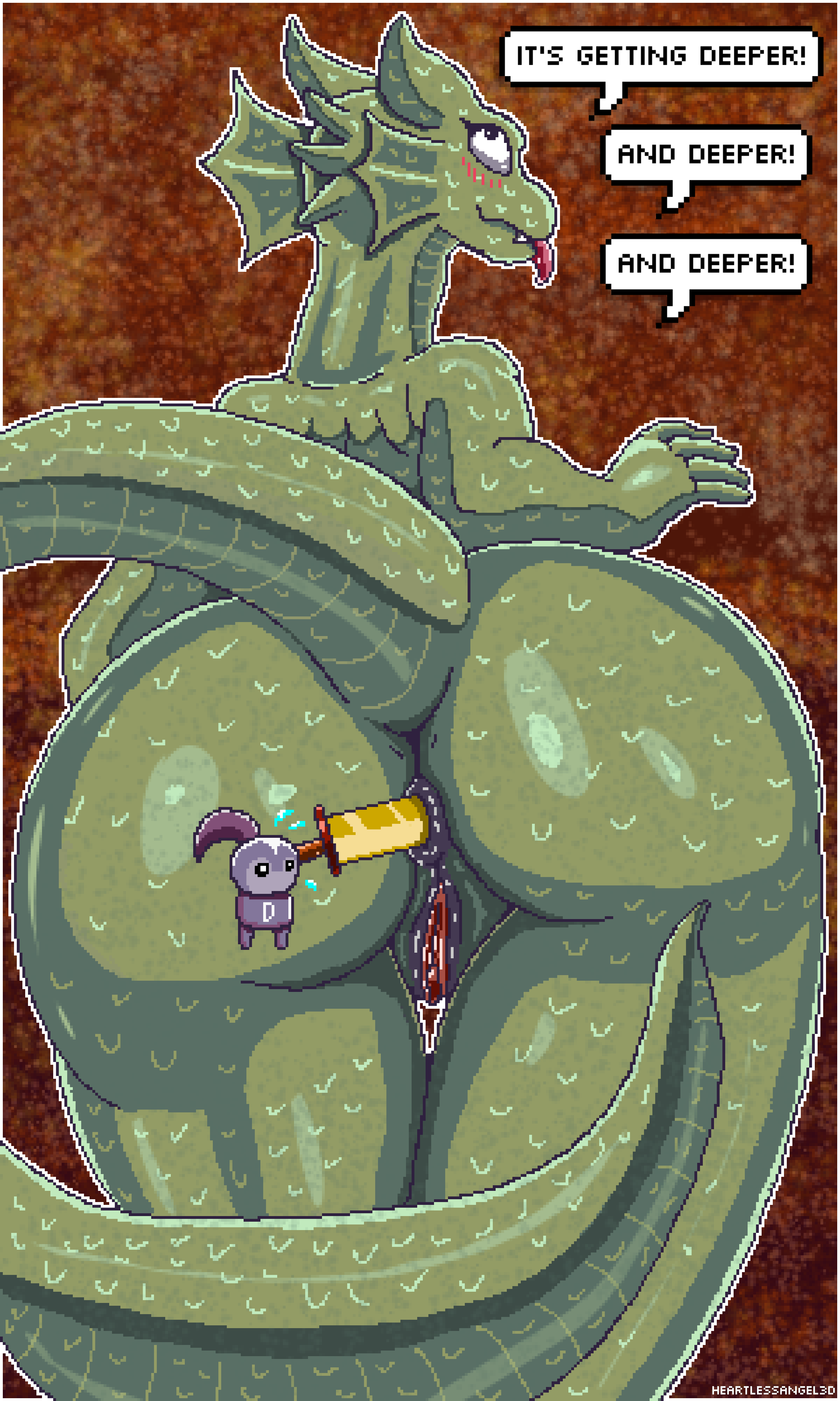 absurd_res ambiguous_gender anal anal_penetration anthro armor blush butt deepest_sword digital_media_(artwork) dragon duo female genitals green_body green_scales heartlessangel3d hi_res human knight larger_female long_the_dragon mammal melee_weapon mythological_creature mythological_scalie mythology nude penetration pixel_(artwork) pussy scales scalie size_difference speech_bubble sword tongue tongue_out warrior weapon